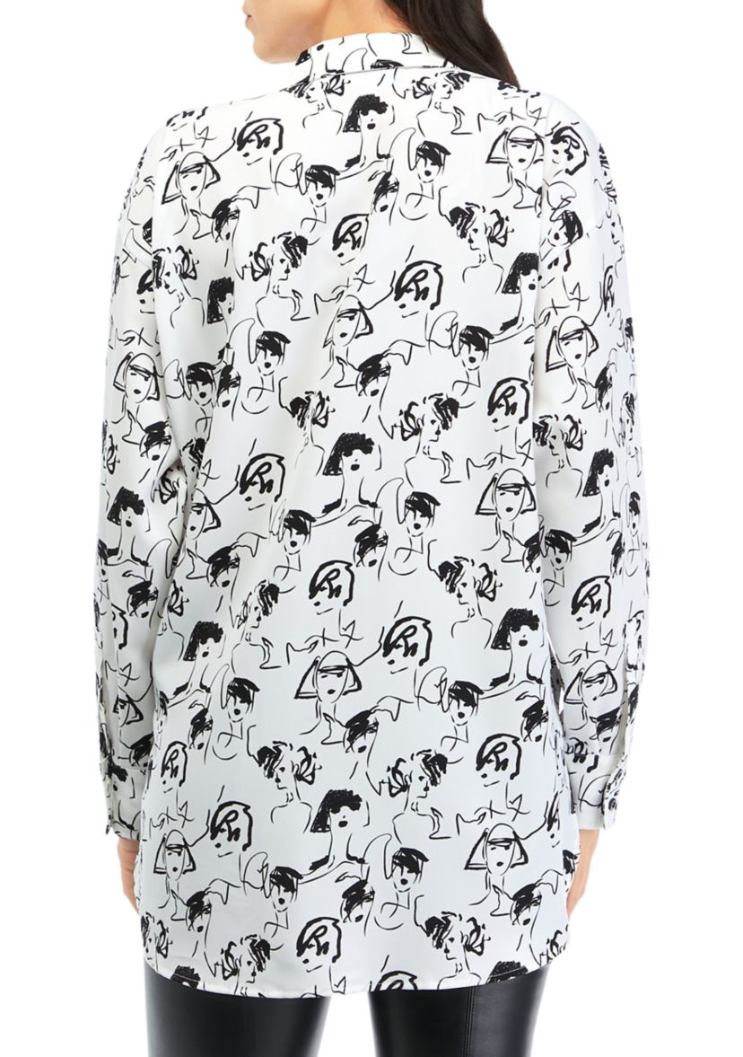 Womens Long Sleeve Lady Print Oversized Silky Crepe Top