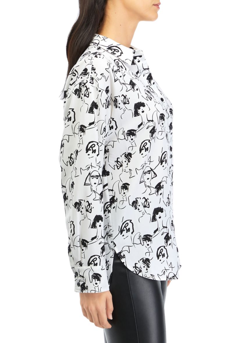 Womens Long Sleeve Lady Print Oversized Silky Crepe Top
