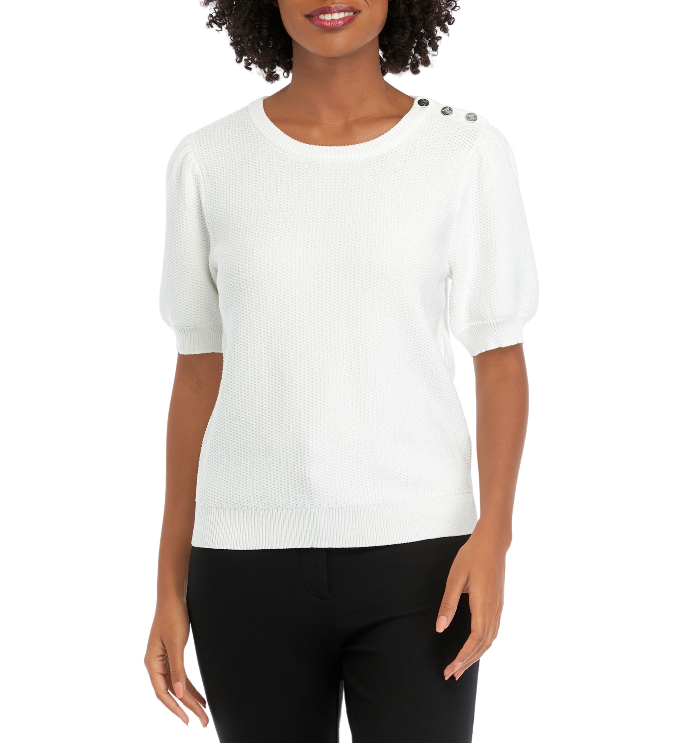 Womens Puff Sleeve Textured Crew Neck Sweater