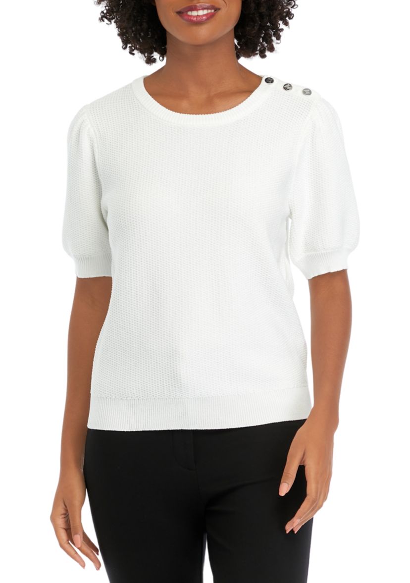 Womens Puff Sleeve Textured Crew Neck Sweater