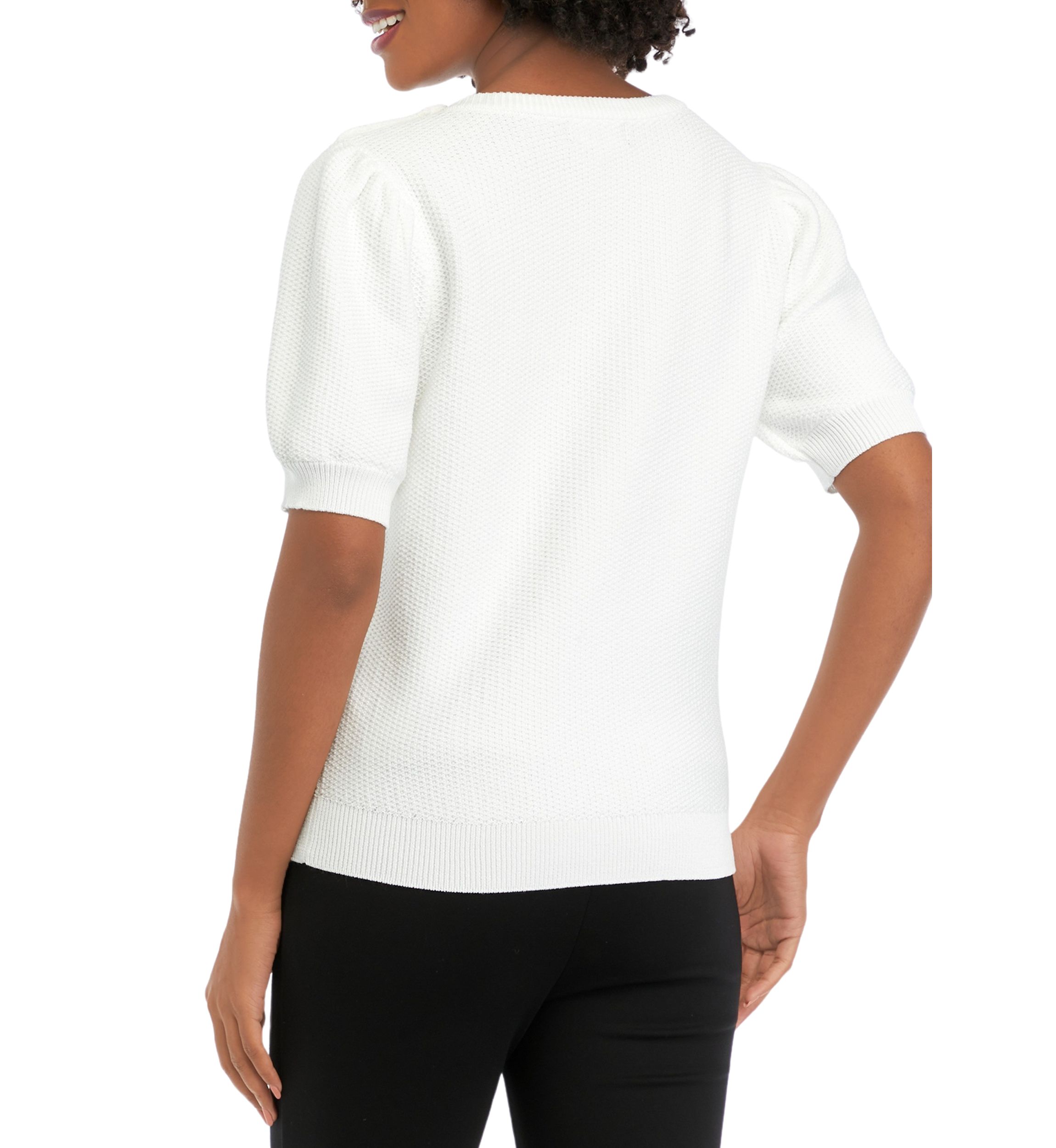Womens Puff Sleeve Textured Crew Neck Sweater