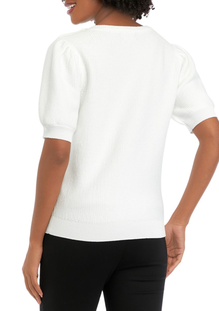 Womens Puff Sleeve Textured Crew Neck Sweater
