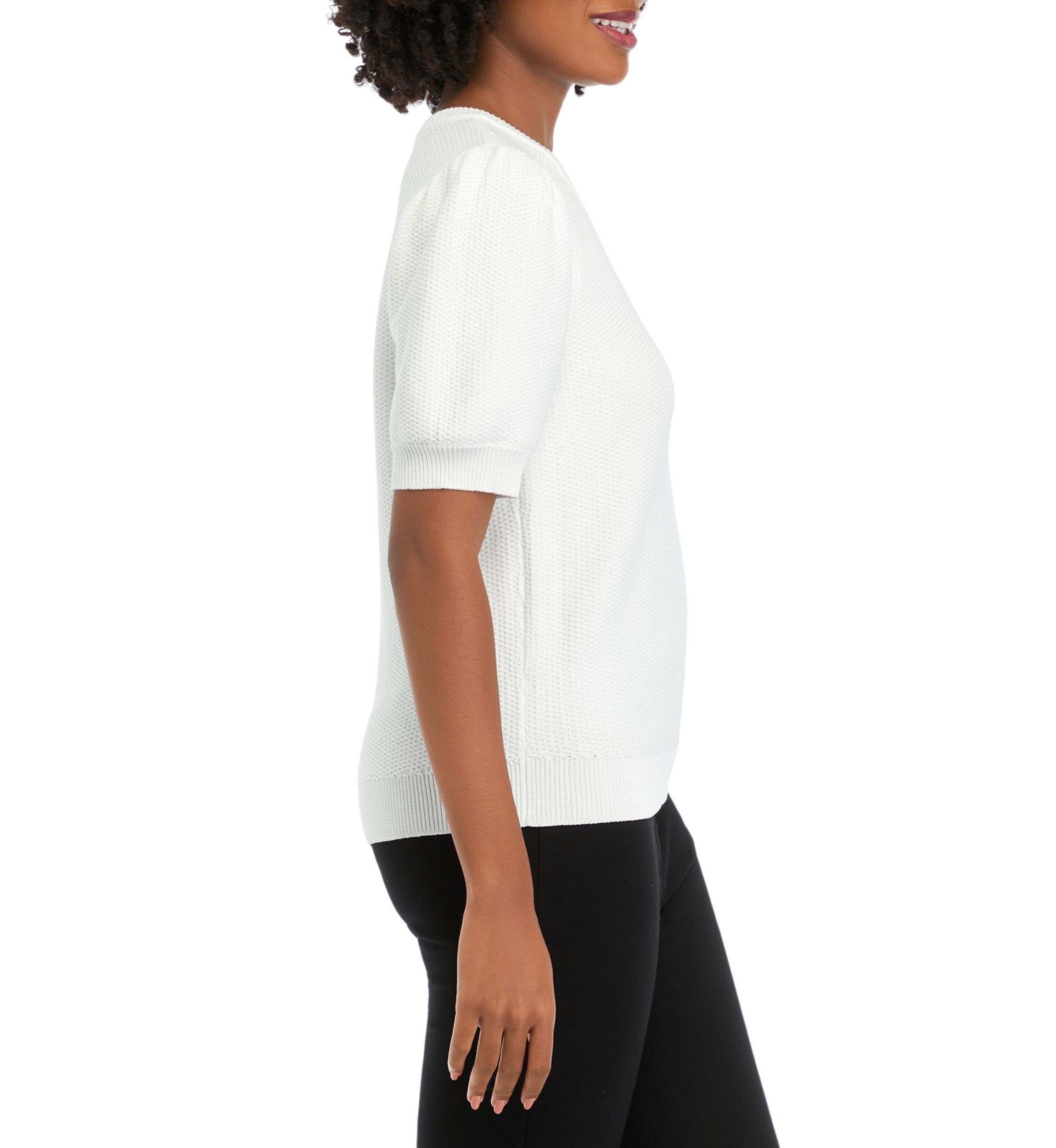 Womens Puff Sleeve Textured Crew Neck Sweater