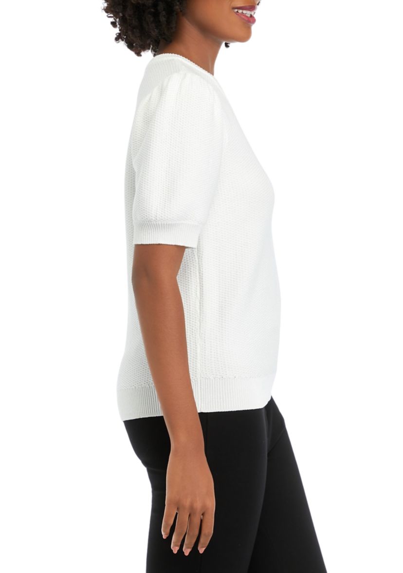Womens Puff Sleeve Textured Crew Neck Sweater