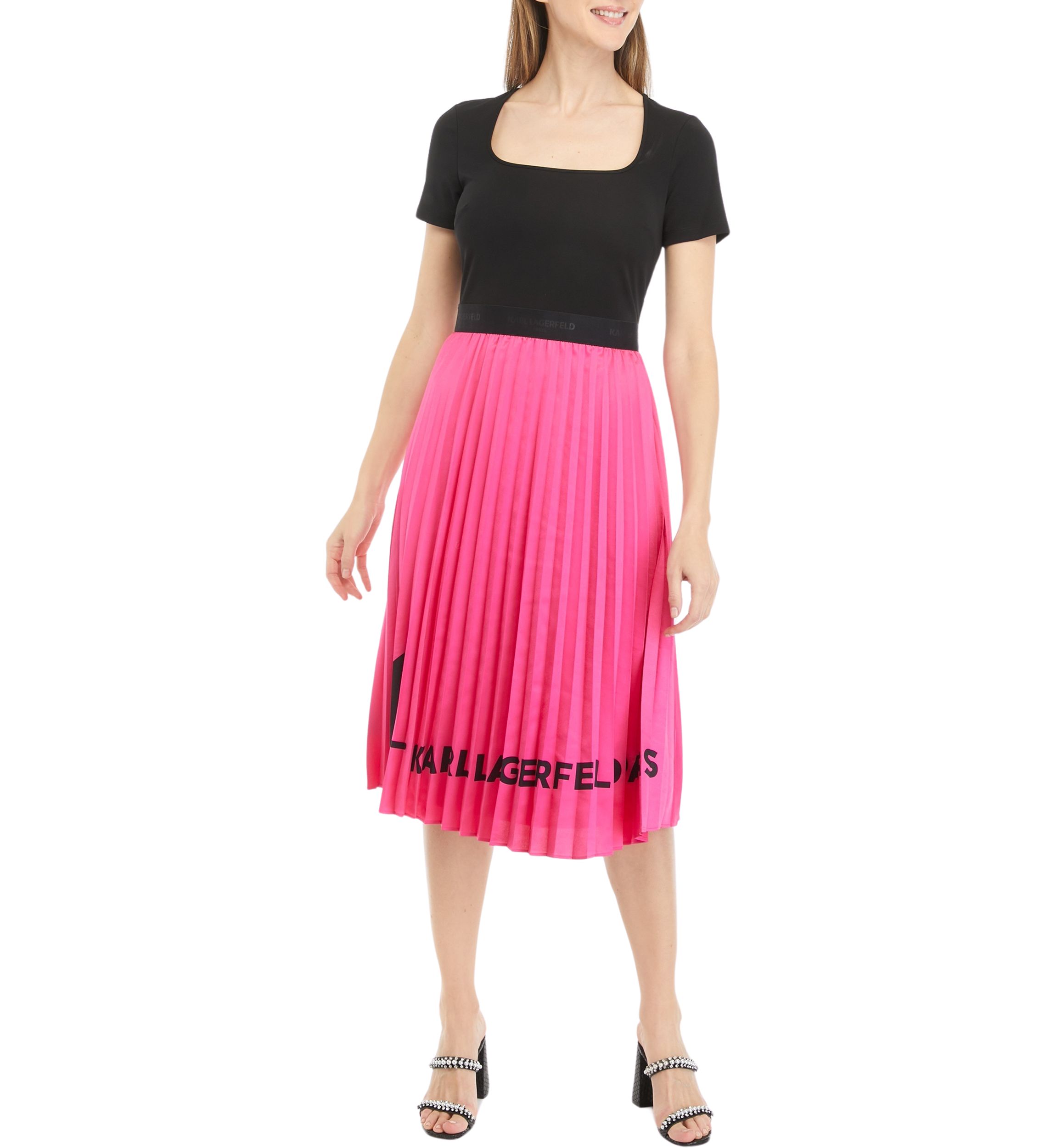 Womens Short Sleeve Square Neck Pleated Dress