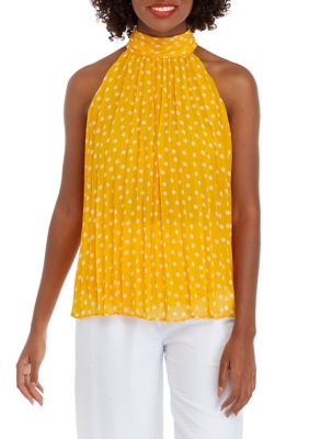 KARL LAGERFELD PARIS Women's Pleated Halter Dot Print Top, Gold, XS