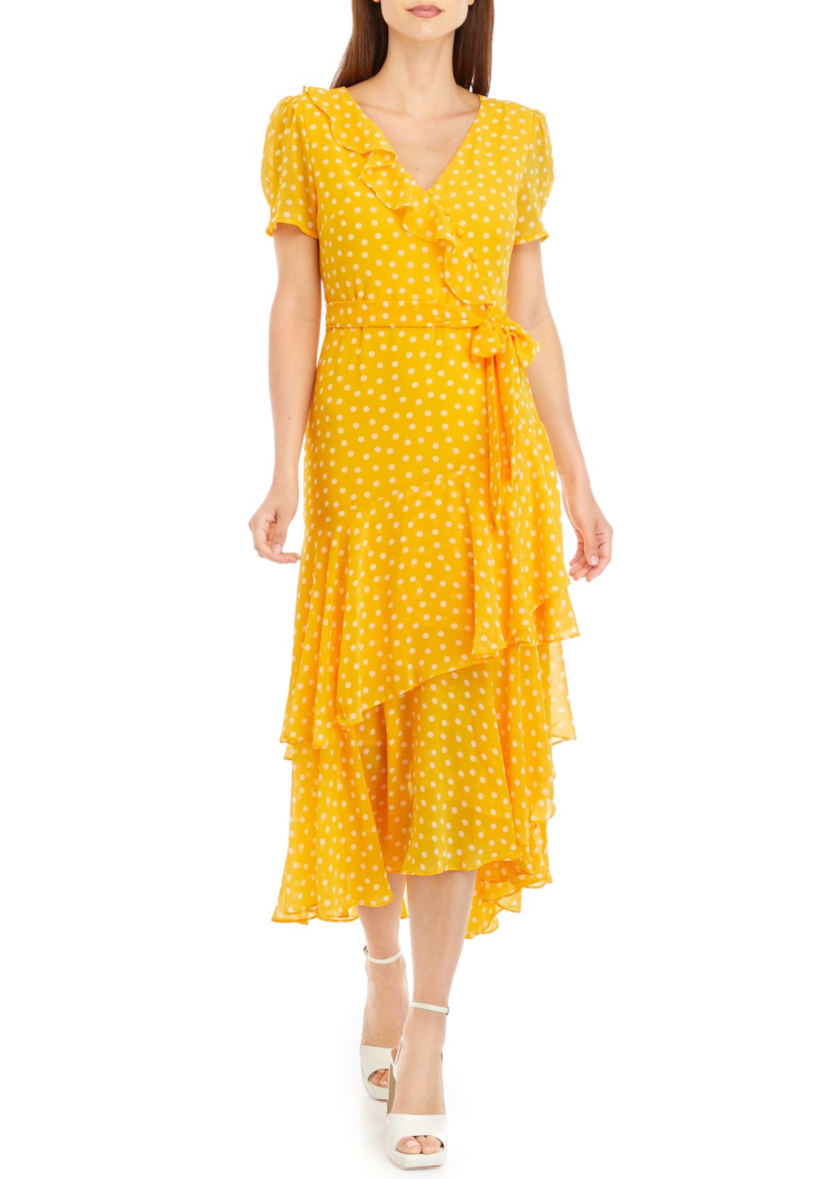 Womens Short Sleeve Dot Ruffle Midi Dress