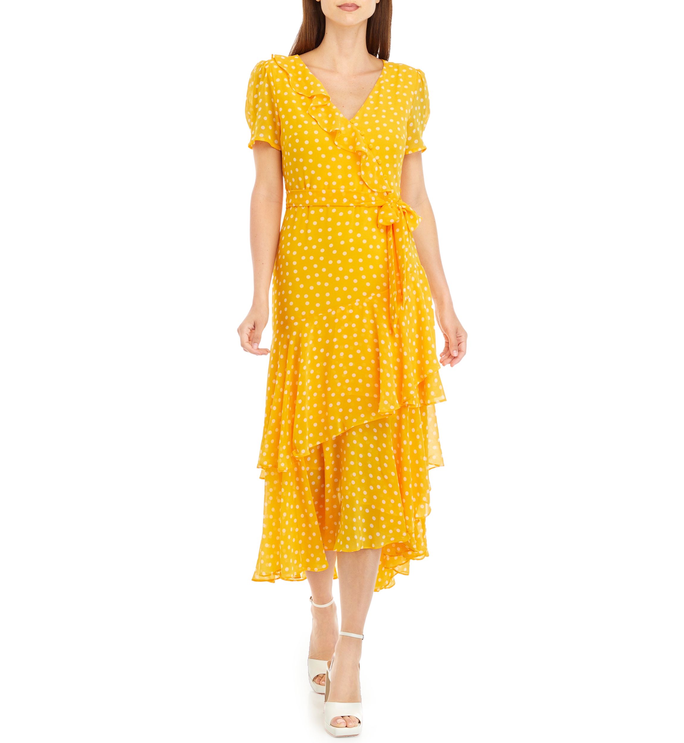Womens Short Sleeve Dot Ruffle Midi Dress