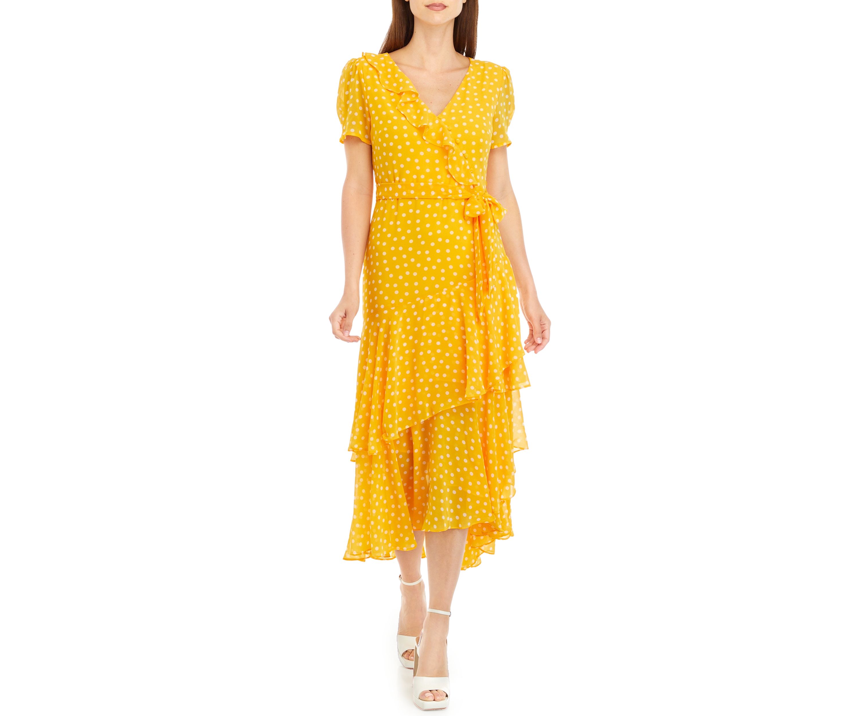 Womens Short Sleeve Dot Ruffle Midi Dress