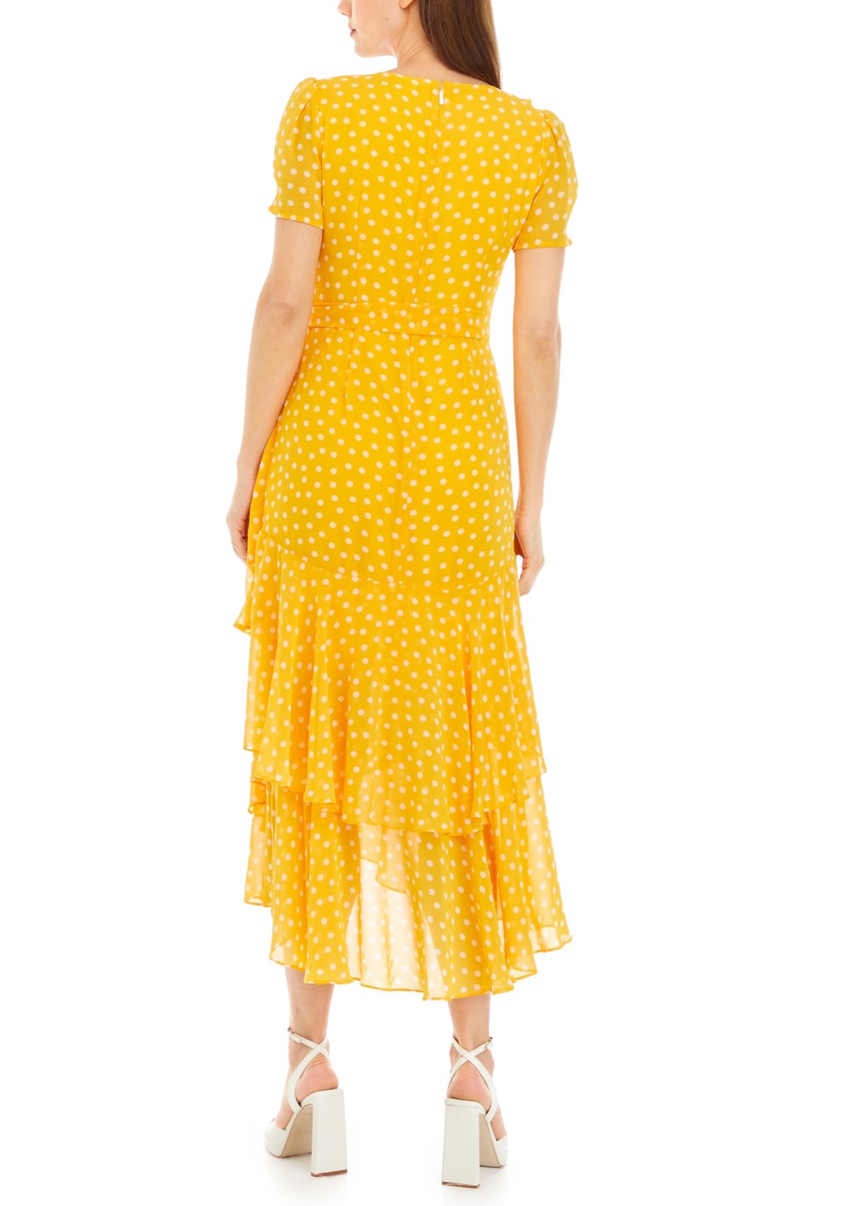 Womens Short Sleeve Dot Ruffle Midi Dress