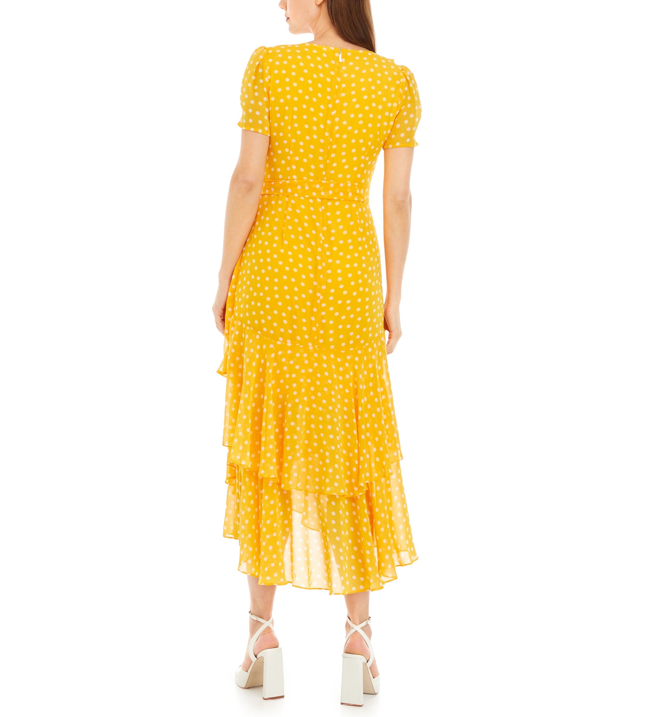 Womens Short Sleeve Dot Ruffle Midi Dress