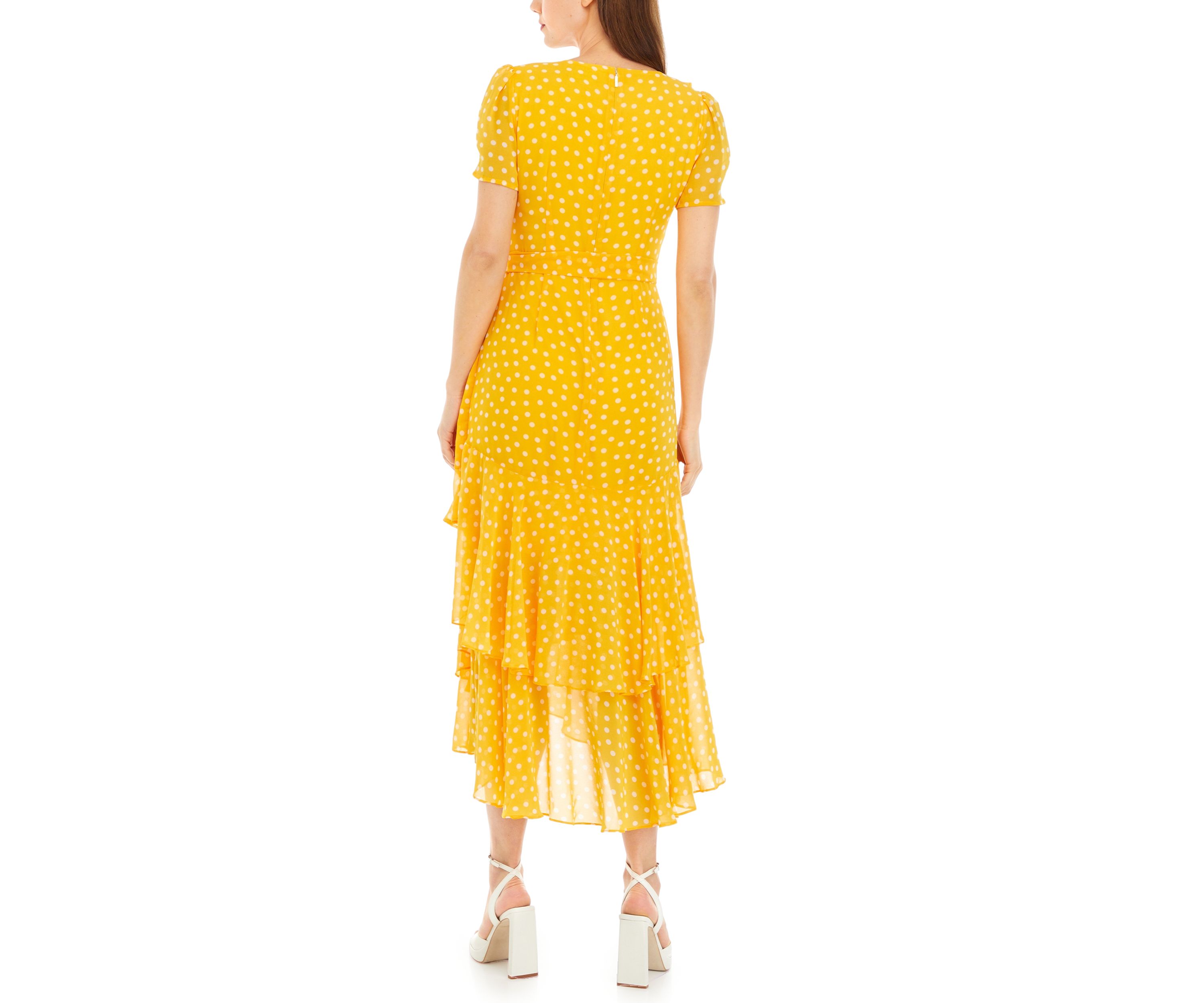 Womens Short Sleeve Dot Ruffle Midi Dress