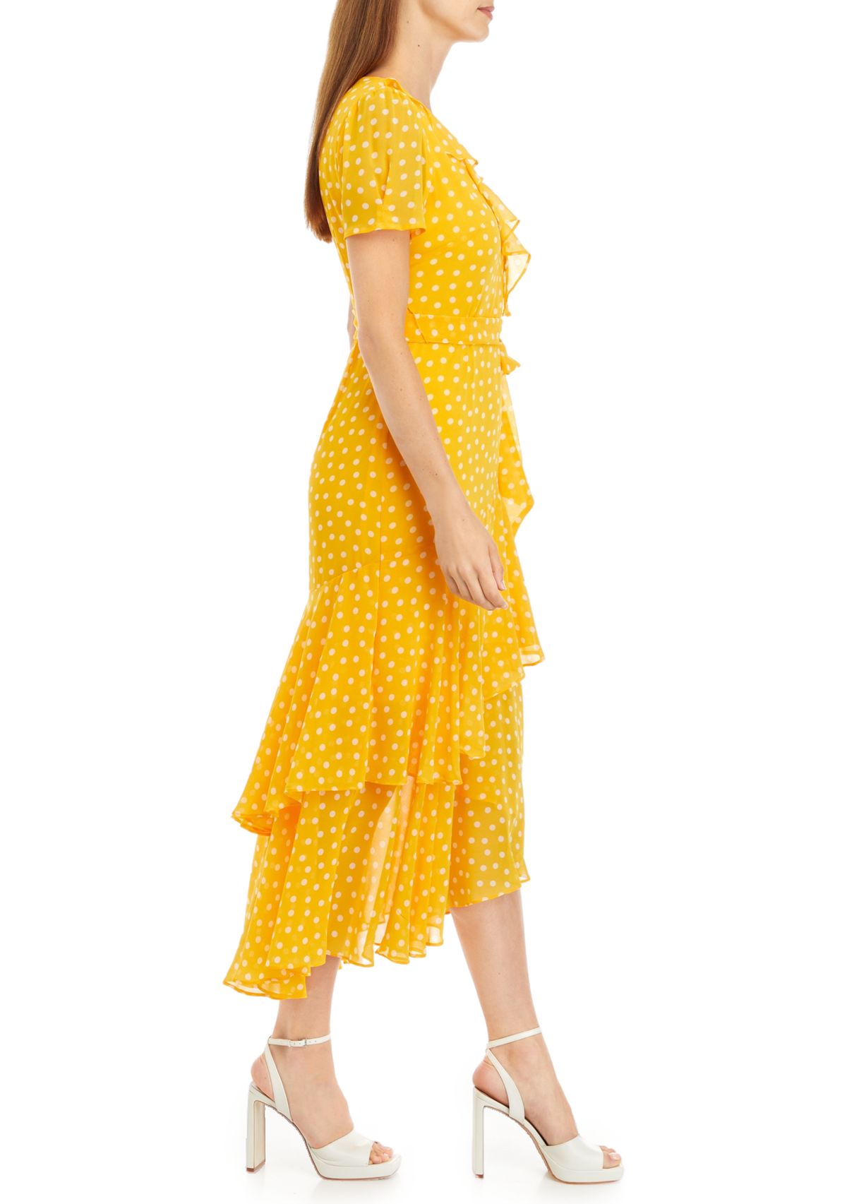 Womens Short Sleeve Dot Ruffle Midi Dress