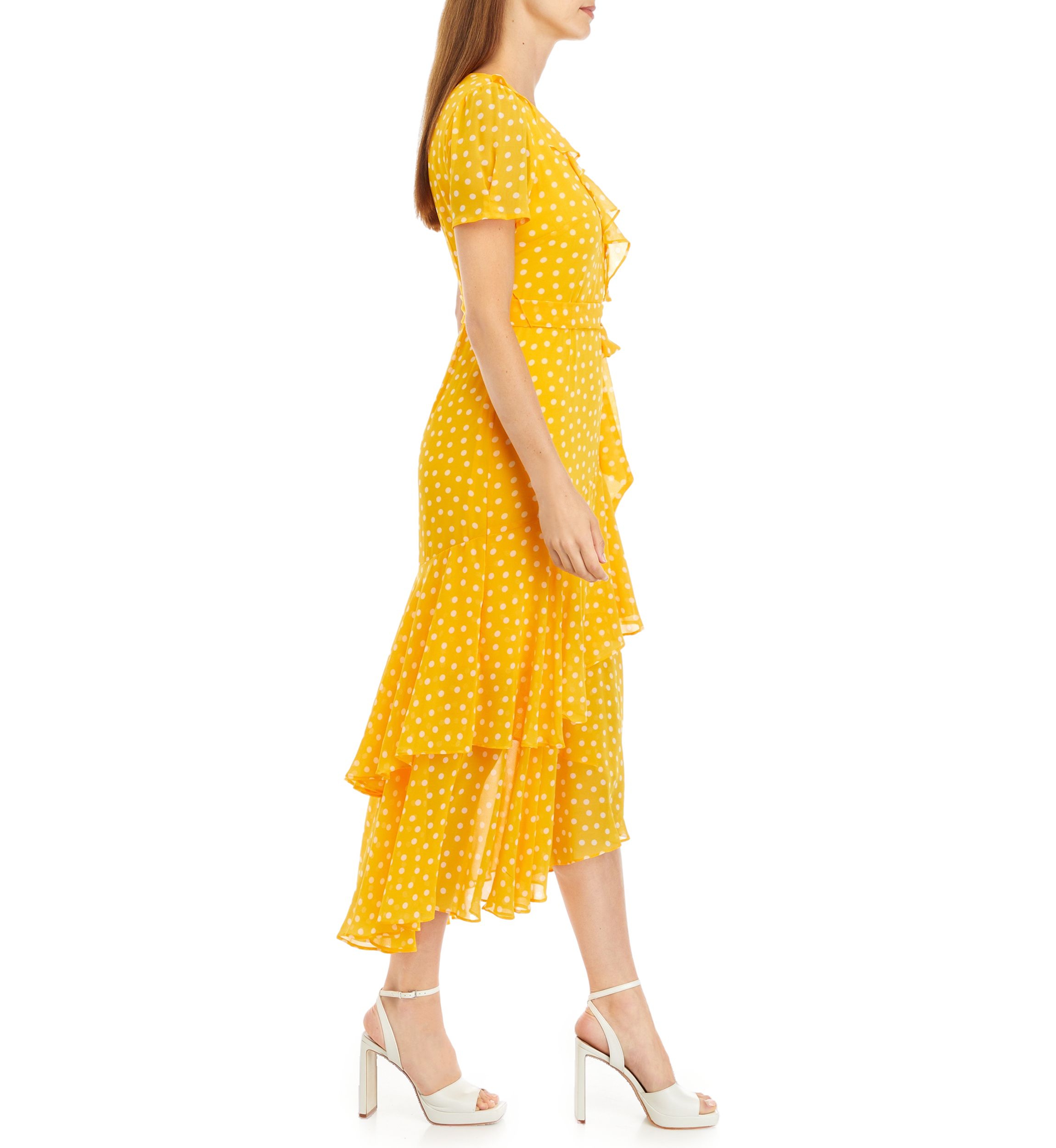 Womens Short Sleeve Dot Ruffle Midi Dress
