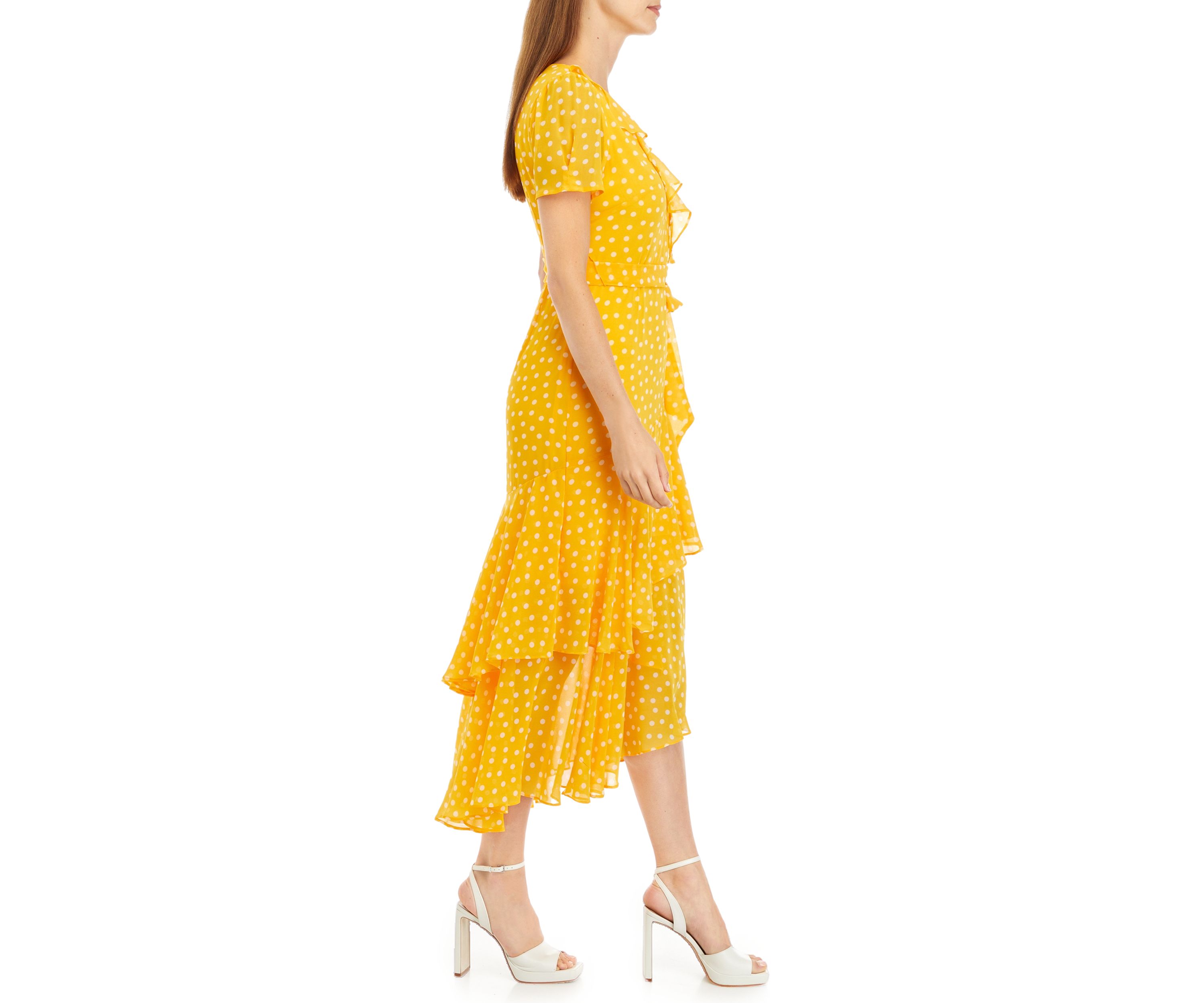 Womens Short Sleeve Dot Ruffle Midi Dress