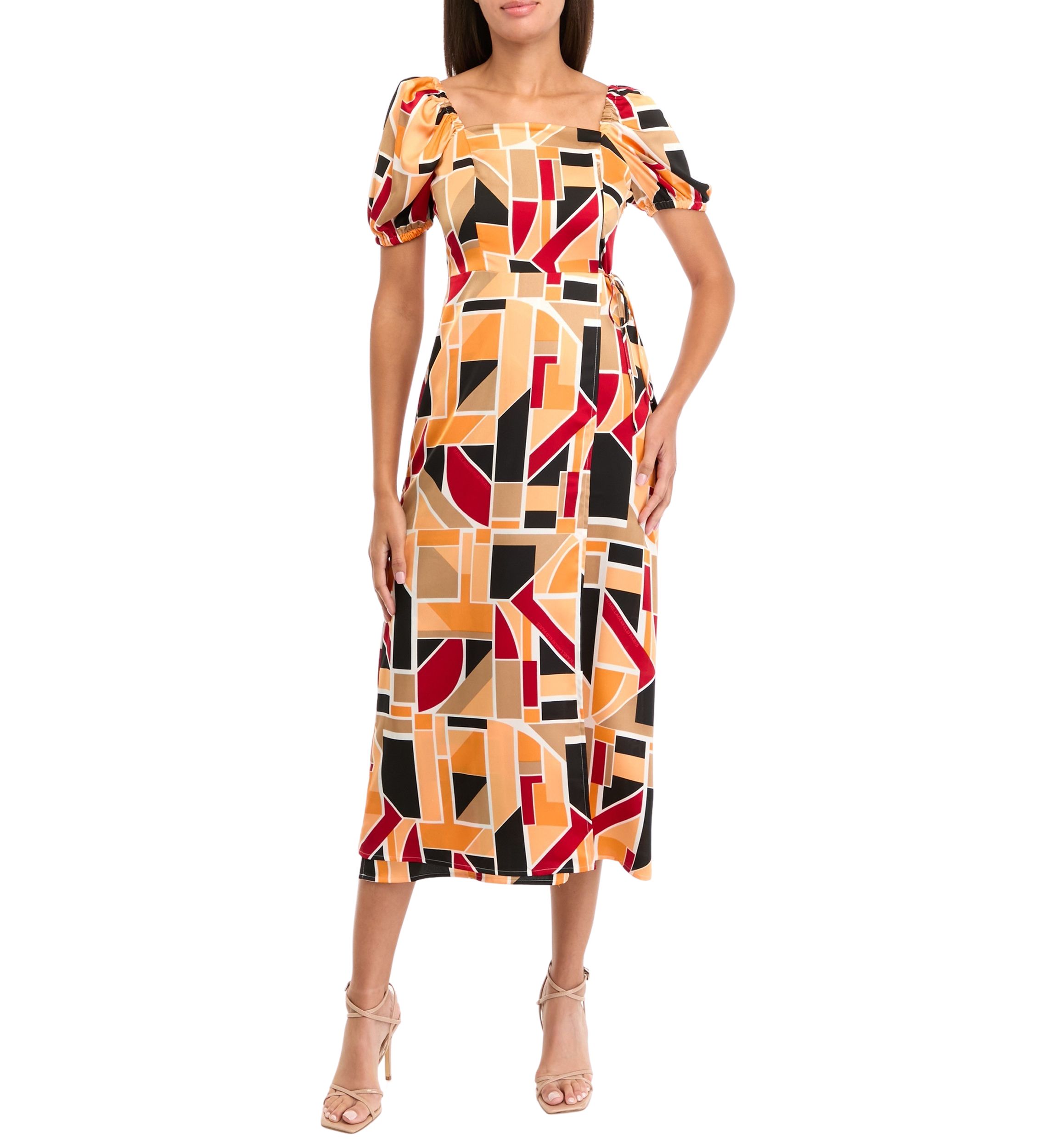 Womens Puff Sleeve Block Print Midi Dress