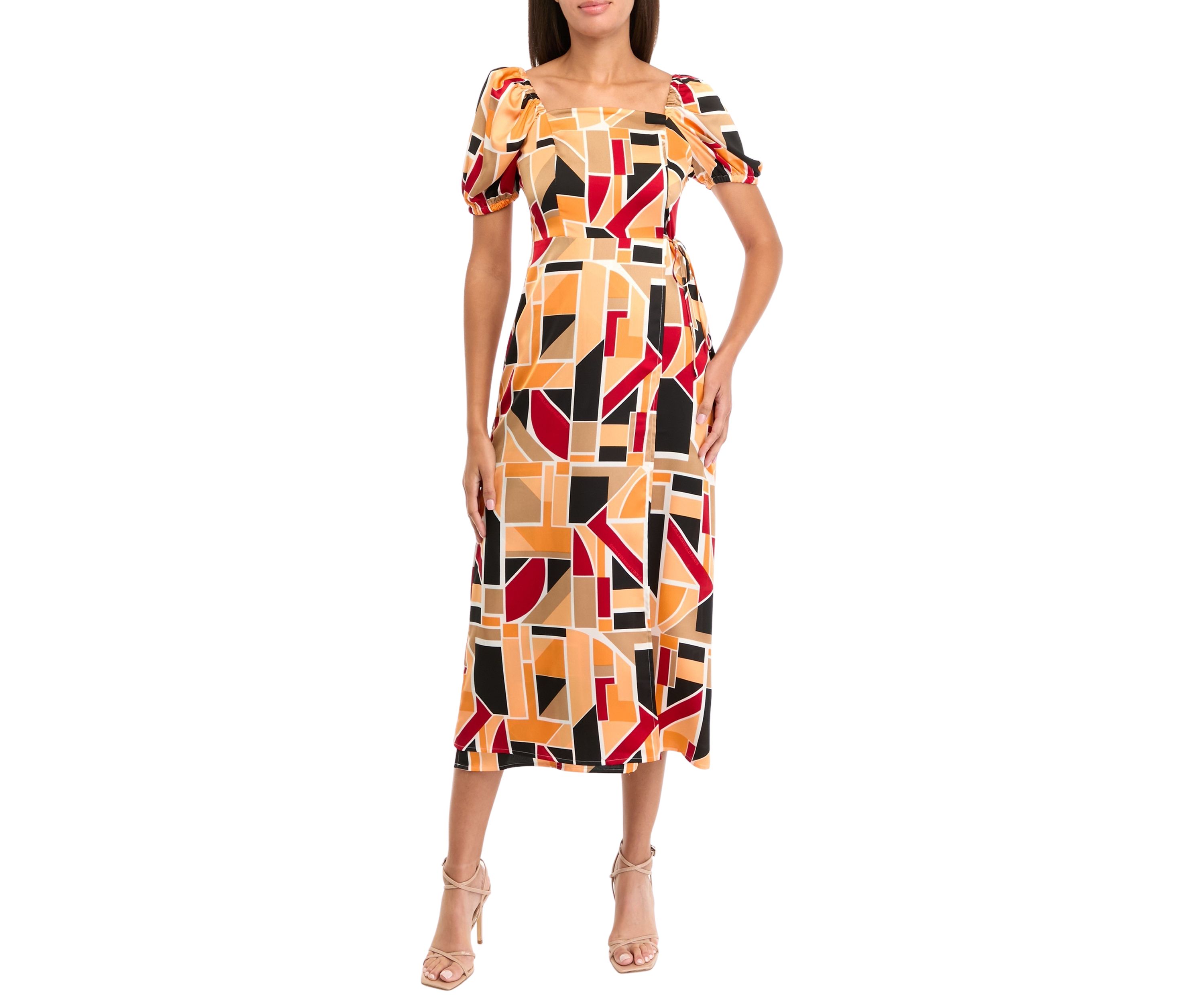 Womens Puff Sleeve Block Print Midi Dress
