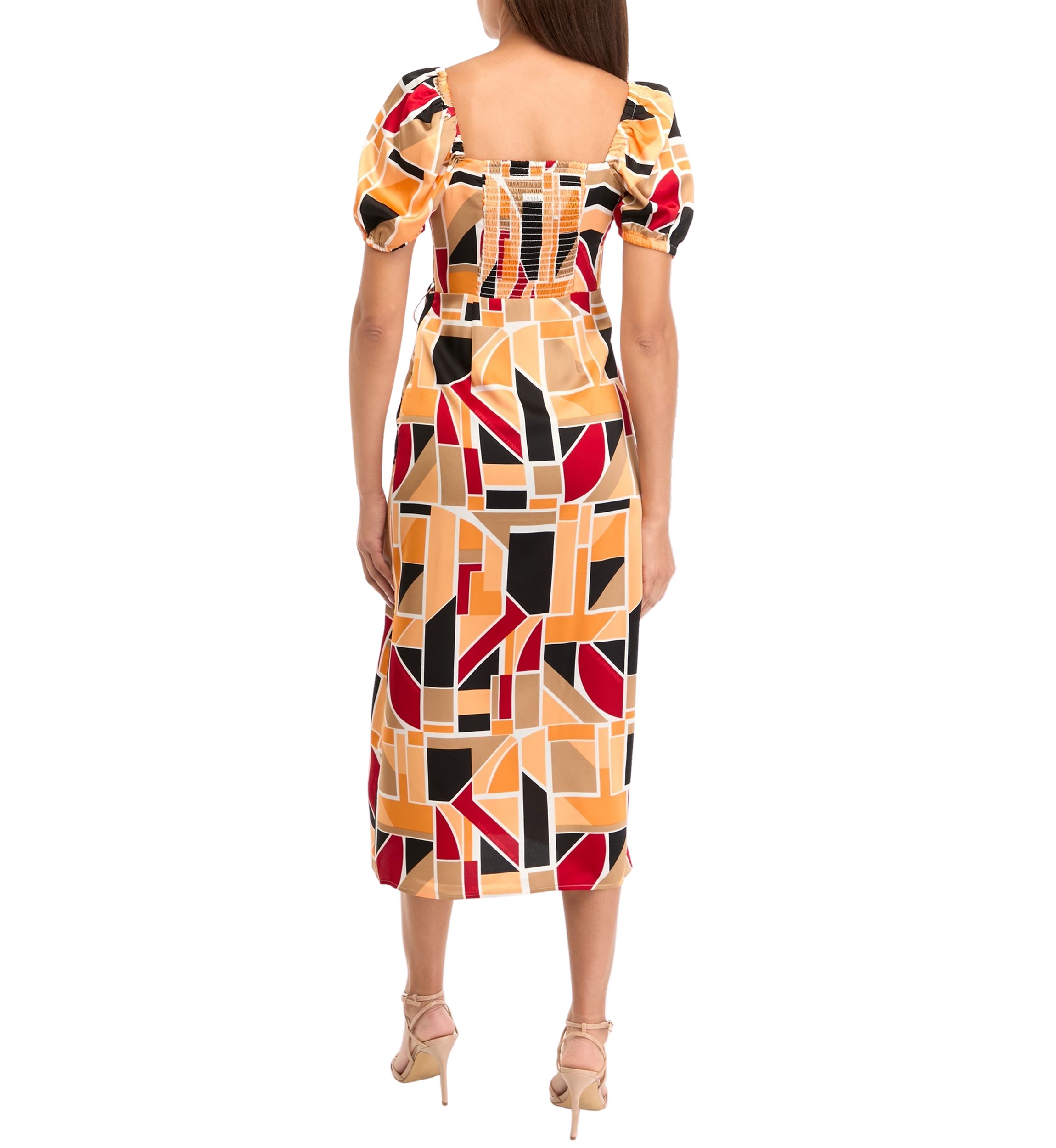 Womens Puff Sleeve Block Print Midi Dress