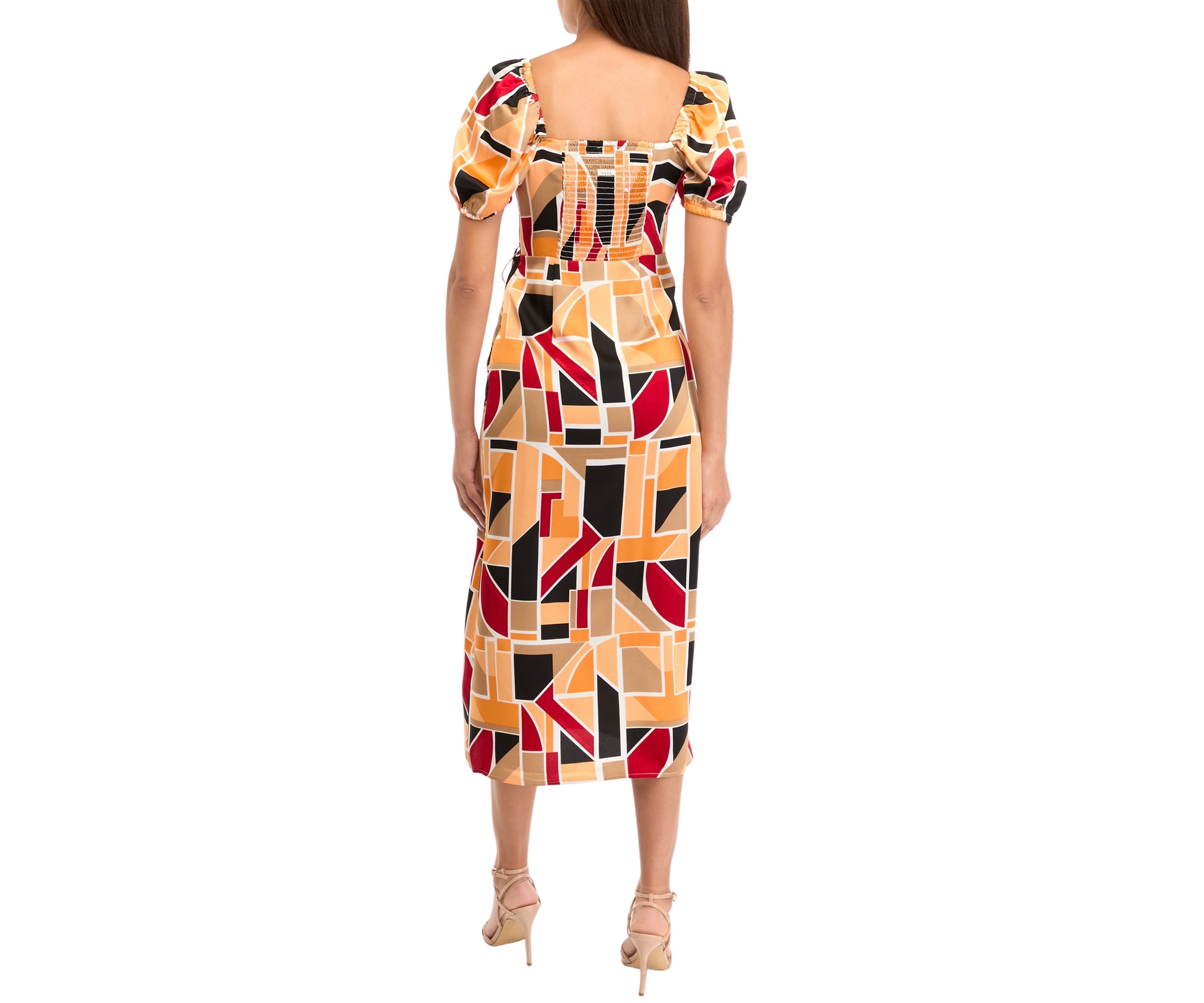 Womens Puff Sleeve Block Print Midi Dress