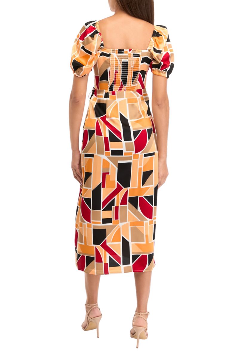 Womens Puff Sleeve Block Print Midi Dress