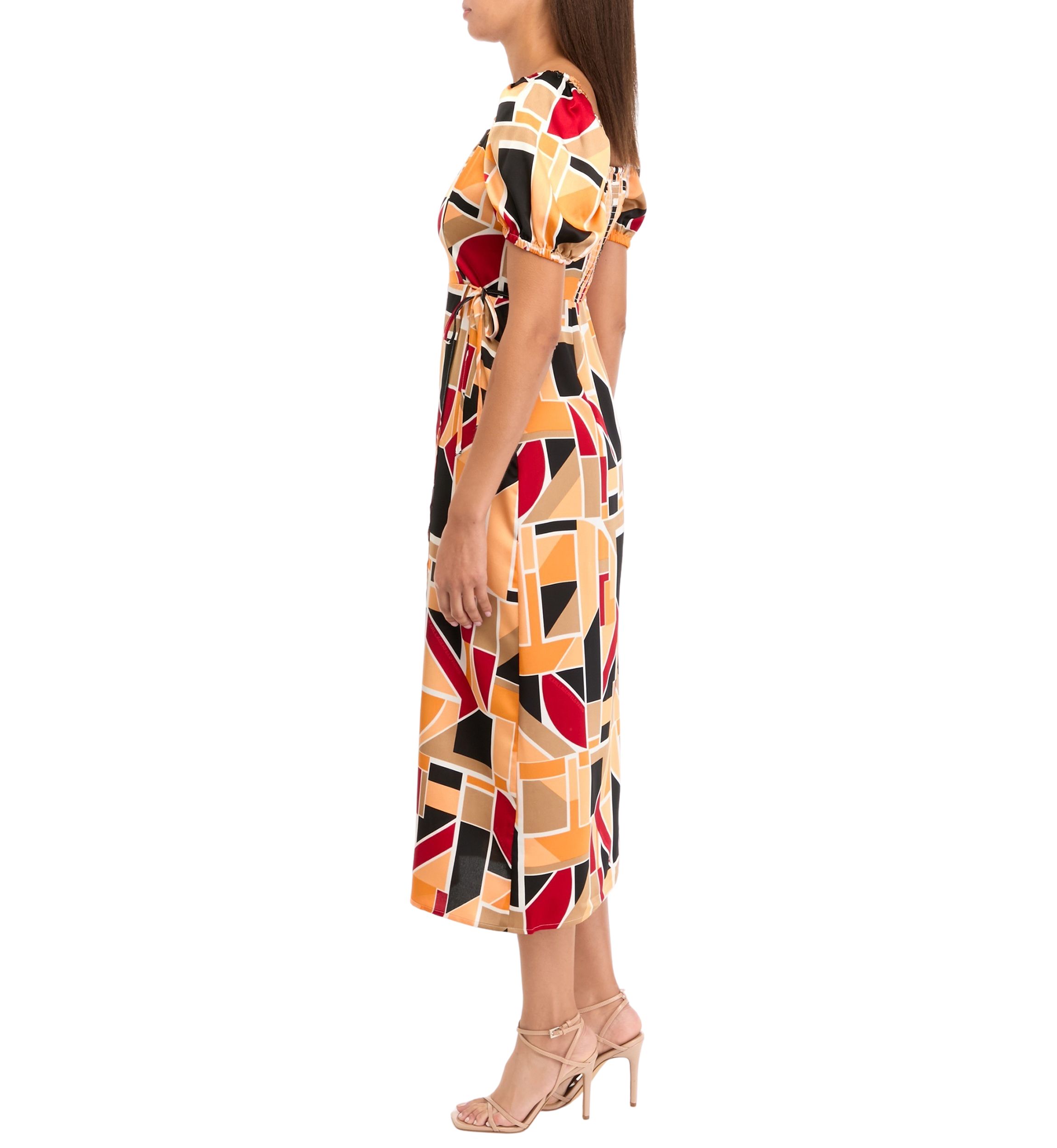 Womens Puff Sleeve Block Print Midi Dress