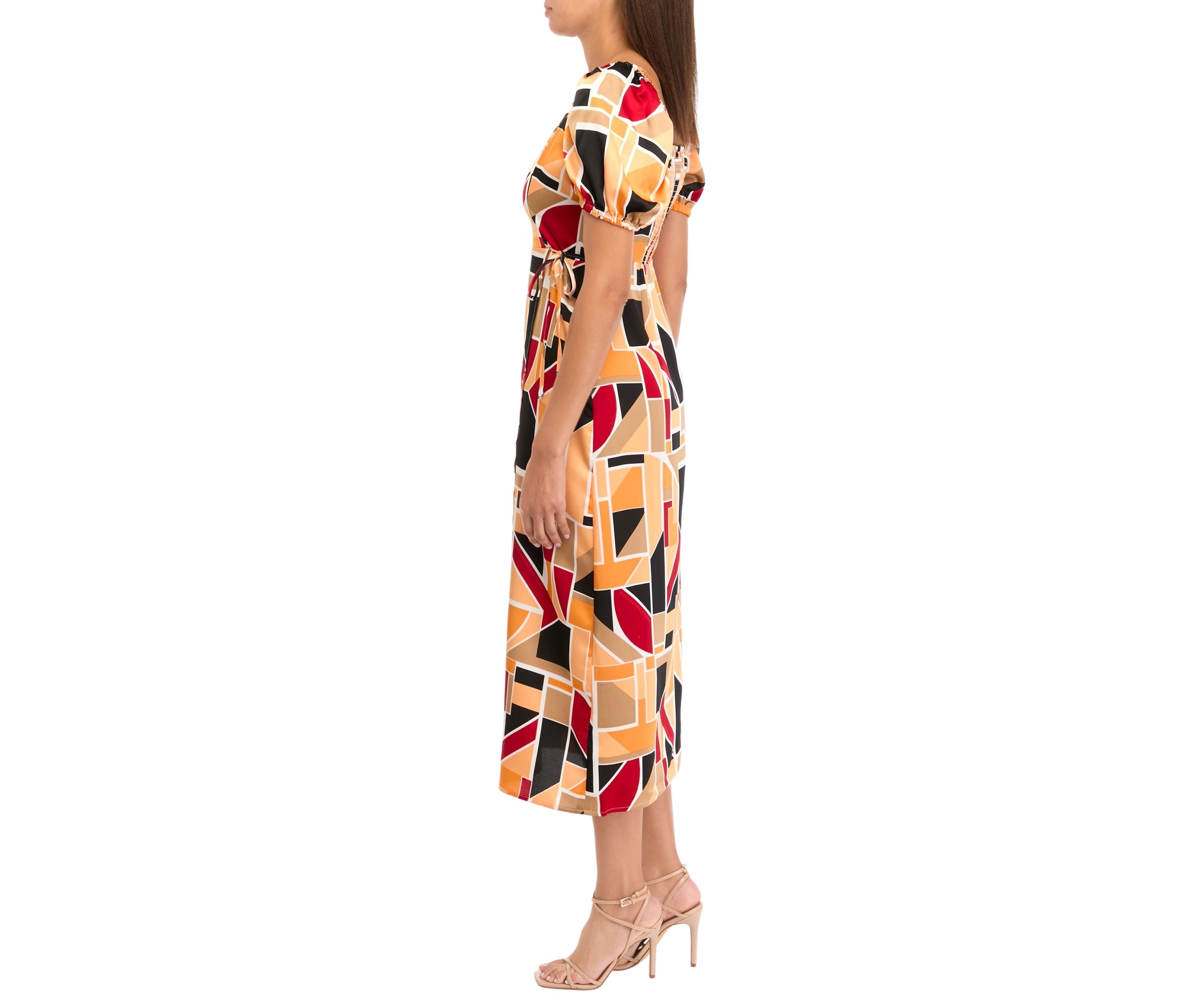 Womens Puff Sleeve Block Print Midi Dress
