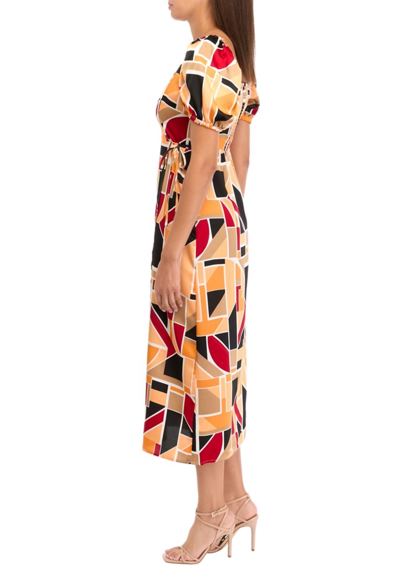 Womens Puff Sleeve Block Print Midi Dress