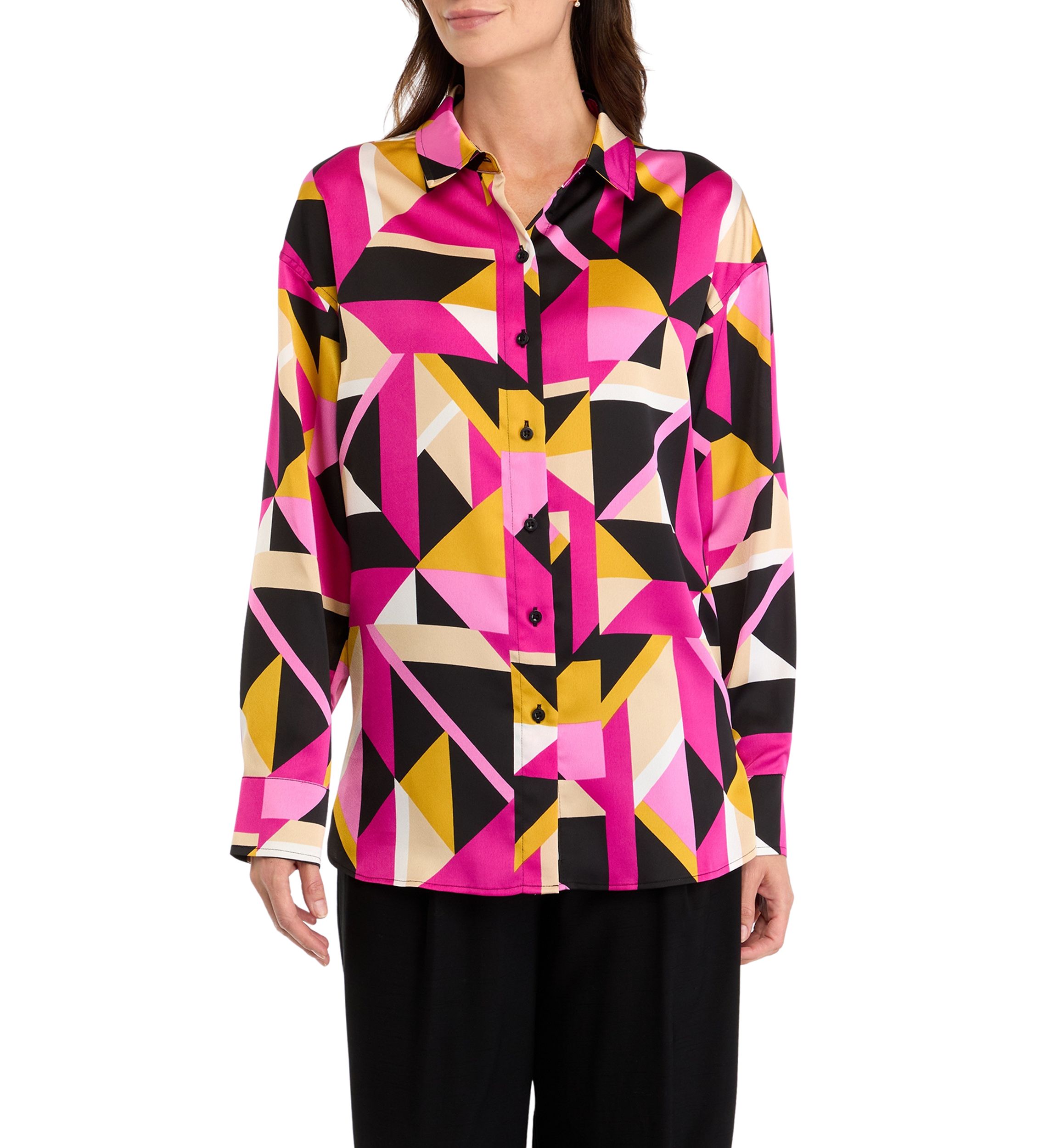 Womens Long Sleeve Geometric Button Front Shirt 