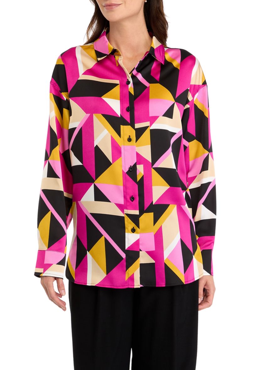 Womens Long Sleeve Geometric Button Front Shirt 