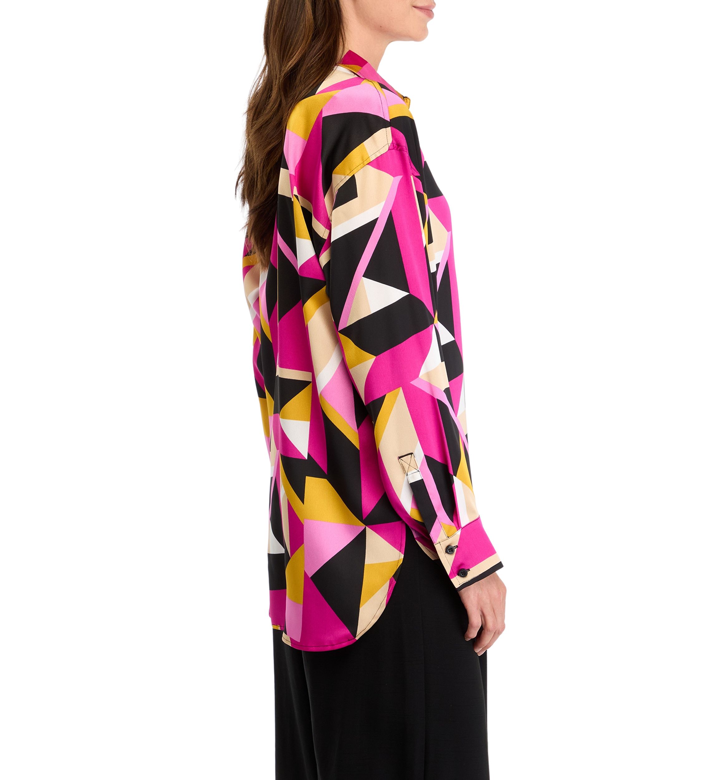 Womens Long Sleeve Geometric Button Front Shirt 