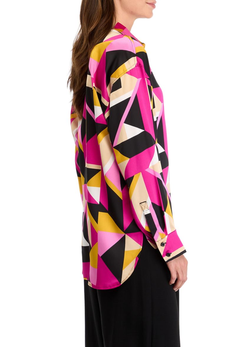 Womens Long Sleeve Geometric Button Front Shirt 