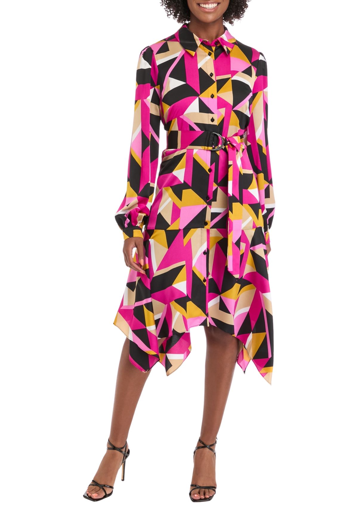 Womens Long Sleeve Geometric Print Shirtdress