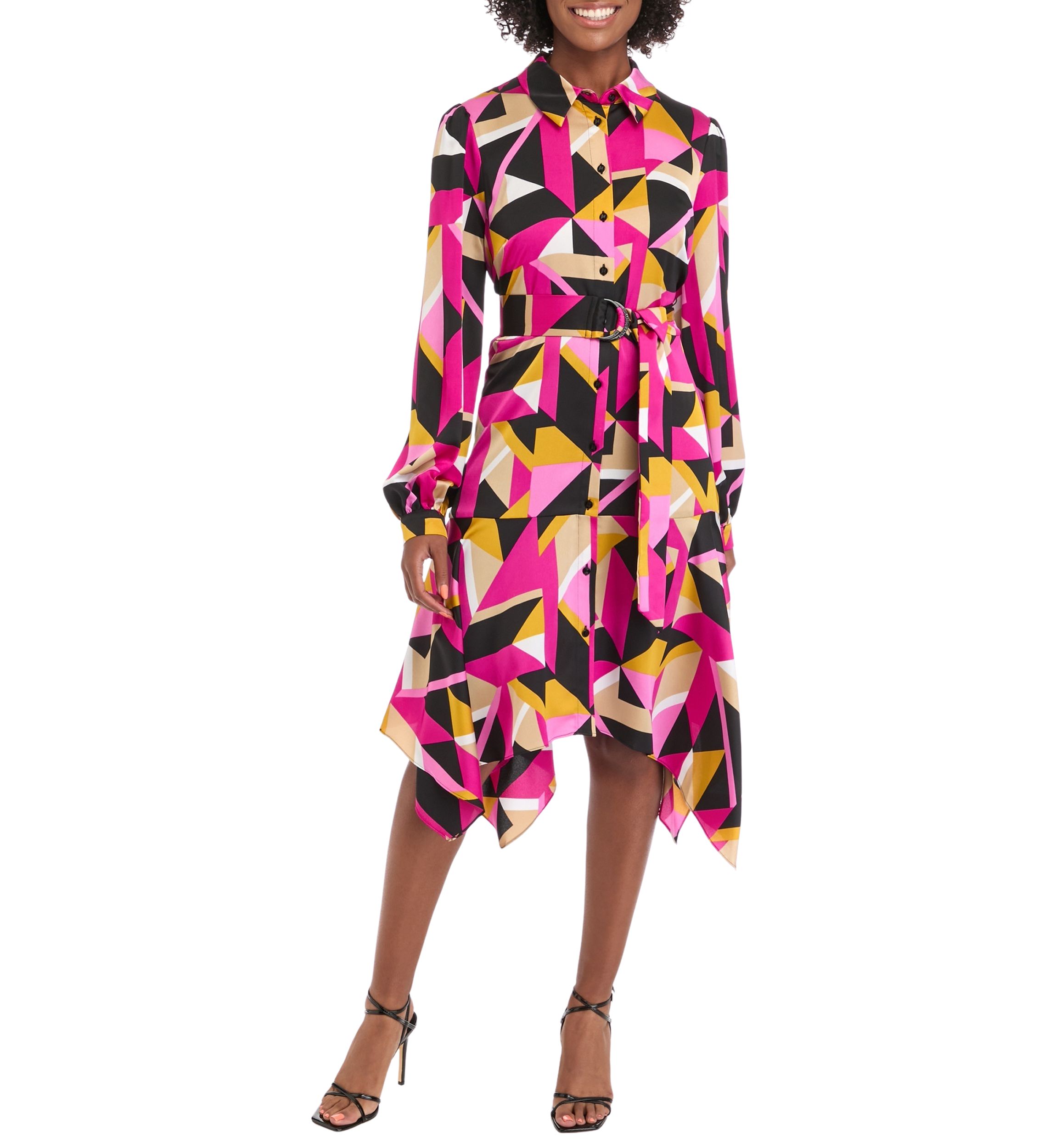 Womens Long Sleeve Geometric Print Shirtdress
