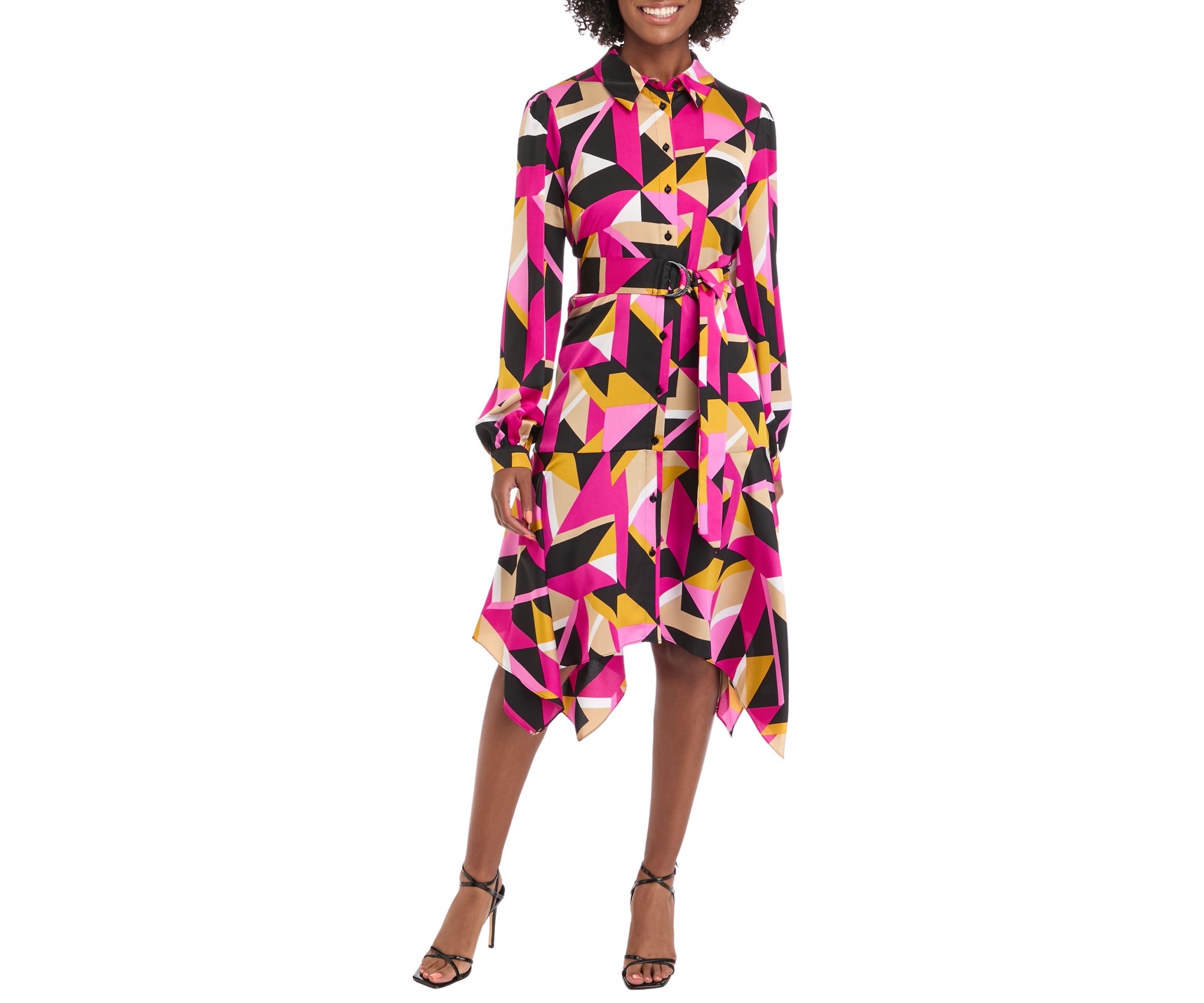Womens Long Sleeve Geometric Print Shirtdress