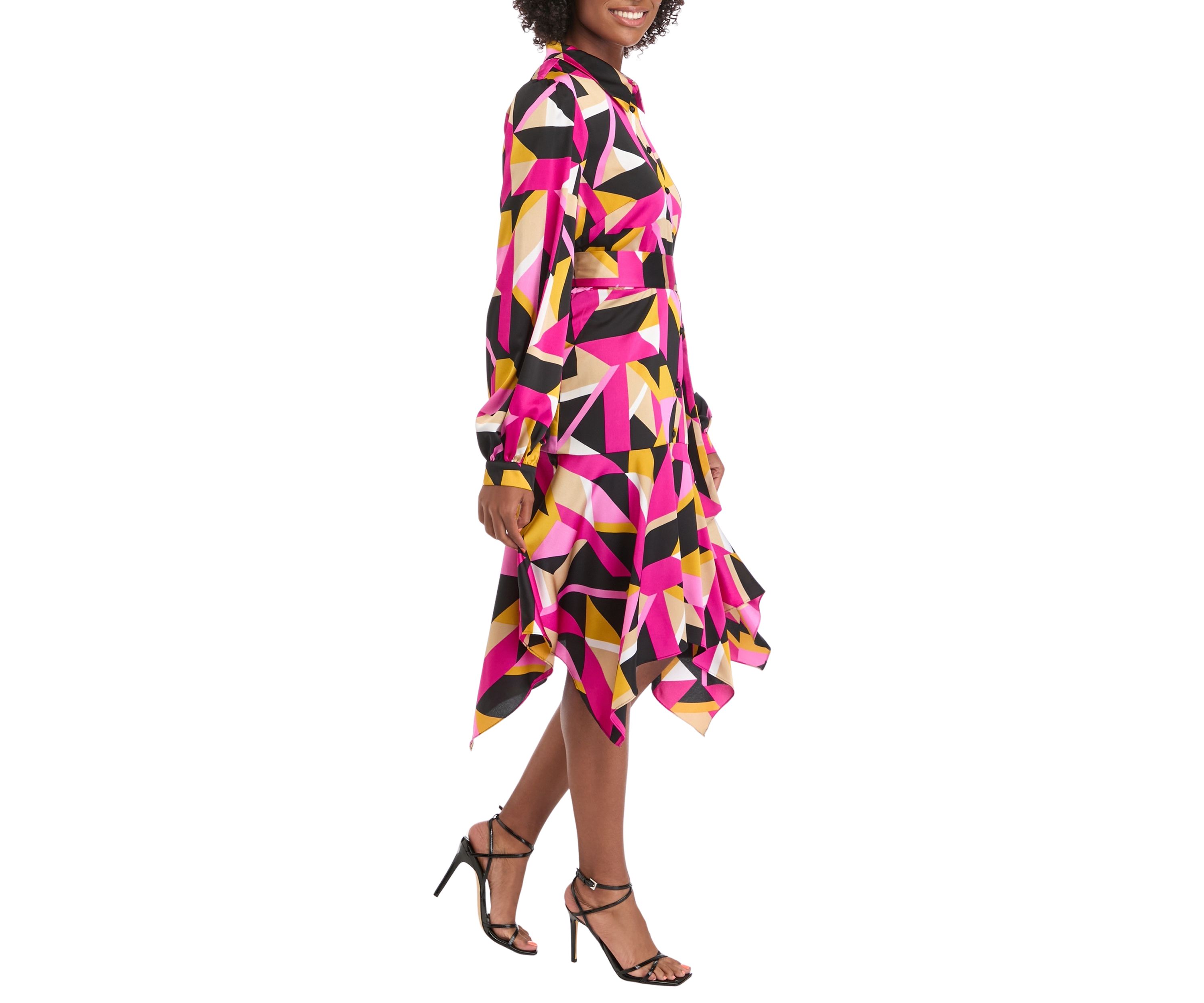 Womens Long Sleeve Geometric Print Shirtdress
