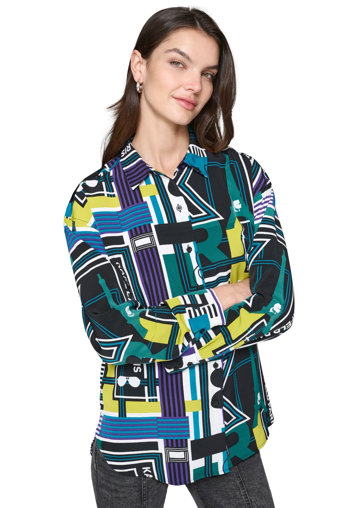 Womens Long Sleeve Geometric Multi Print Shirt 