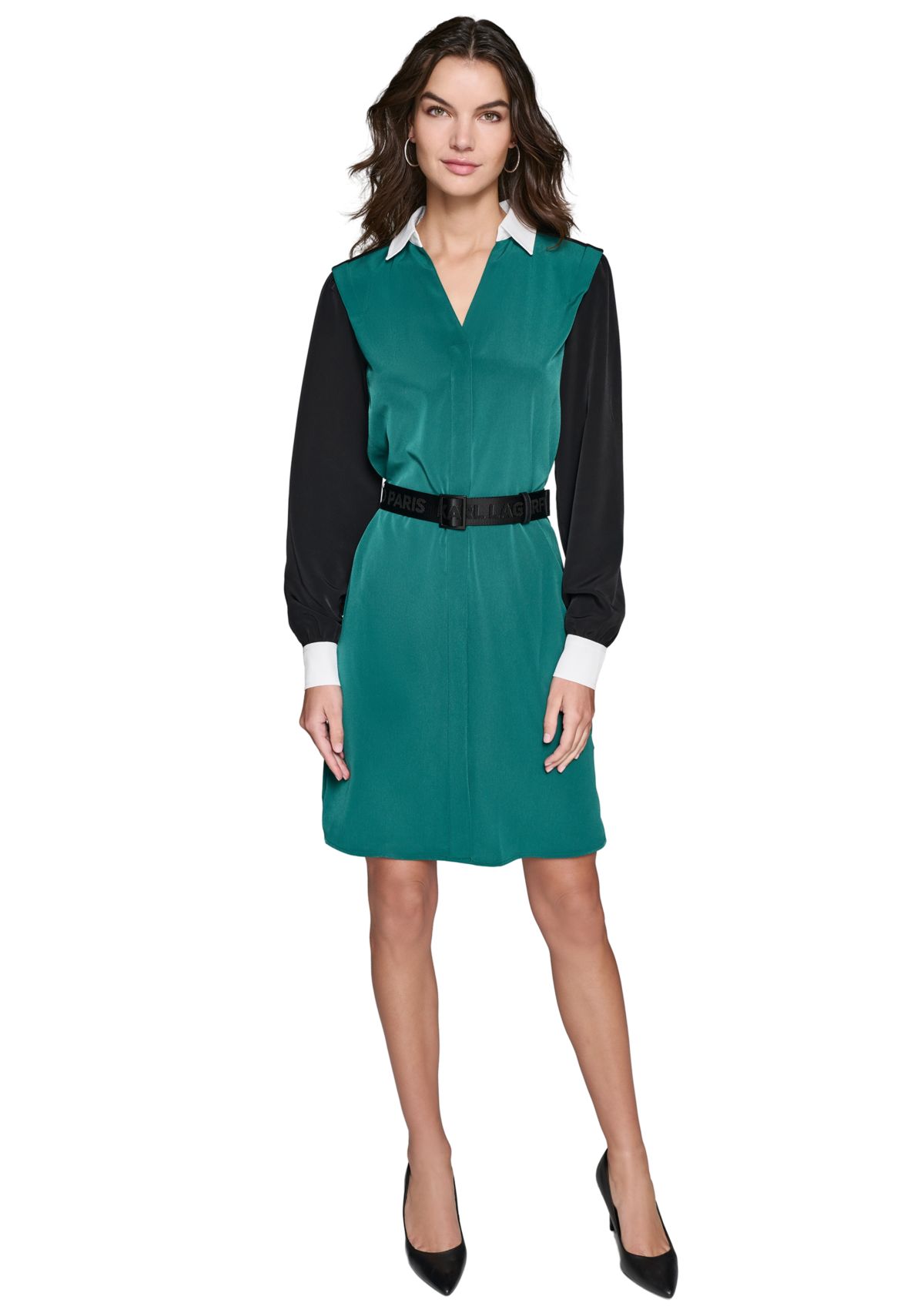 Womens Long Sleeve Belted Color Block Dress