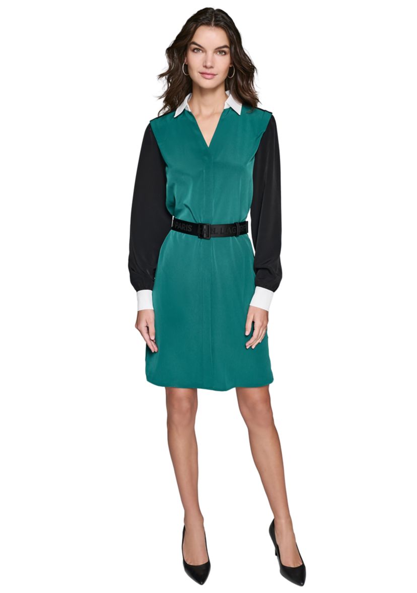 Womens Long Sleeve Belted Color Block Dress
