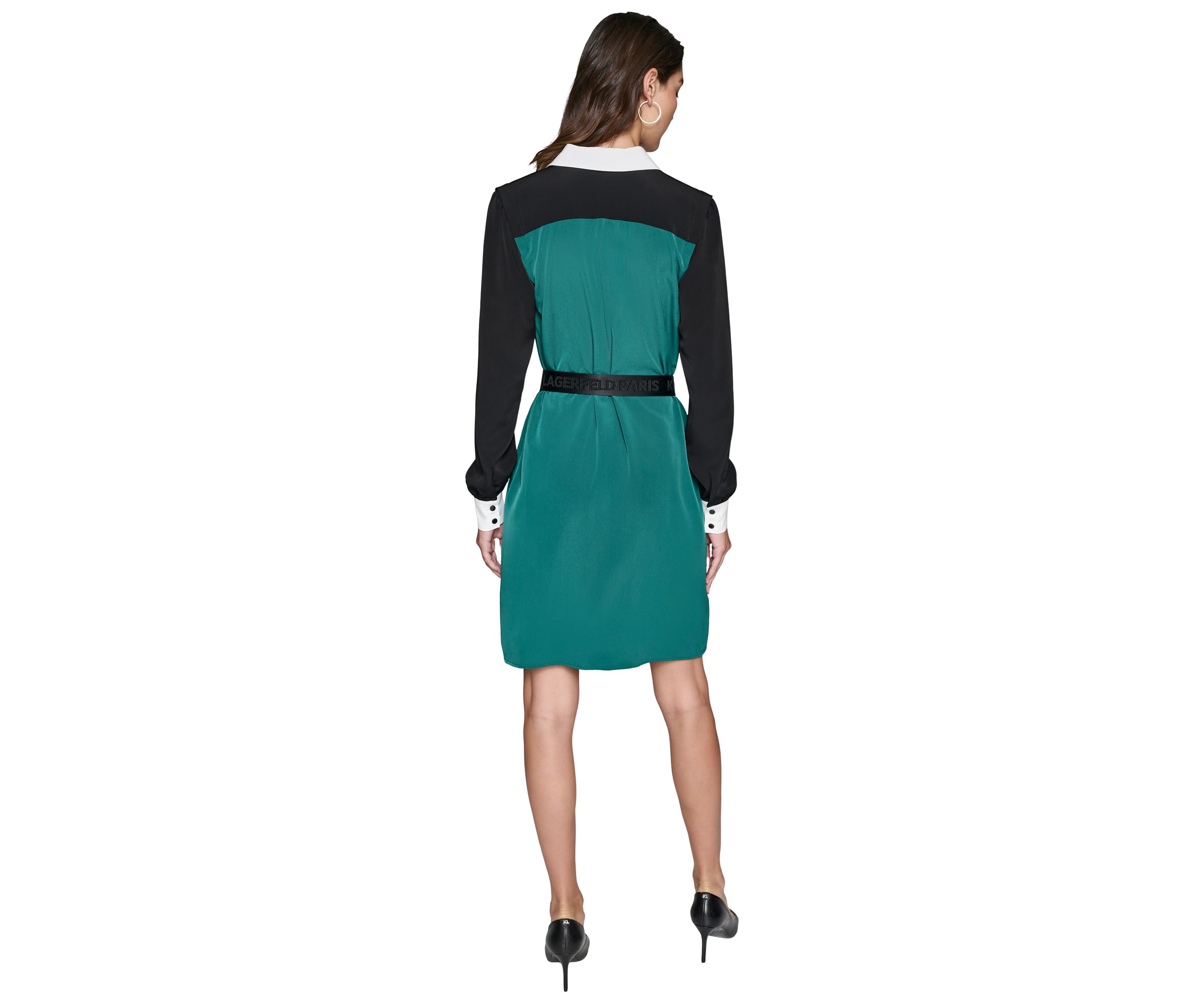 Womens Long Sleeve Belted Color Block Dress
