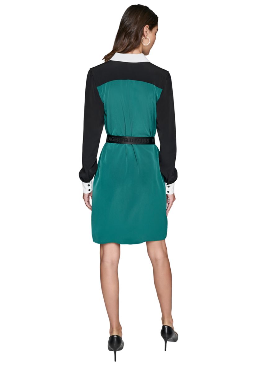 Womens Long Sleeve Belted Color Block Dress