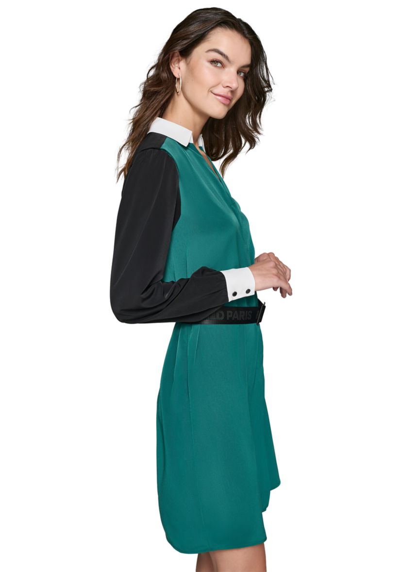 Womens Long Sleeve Belted Color Block Dress