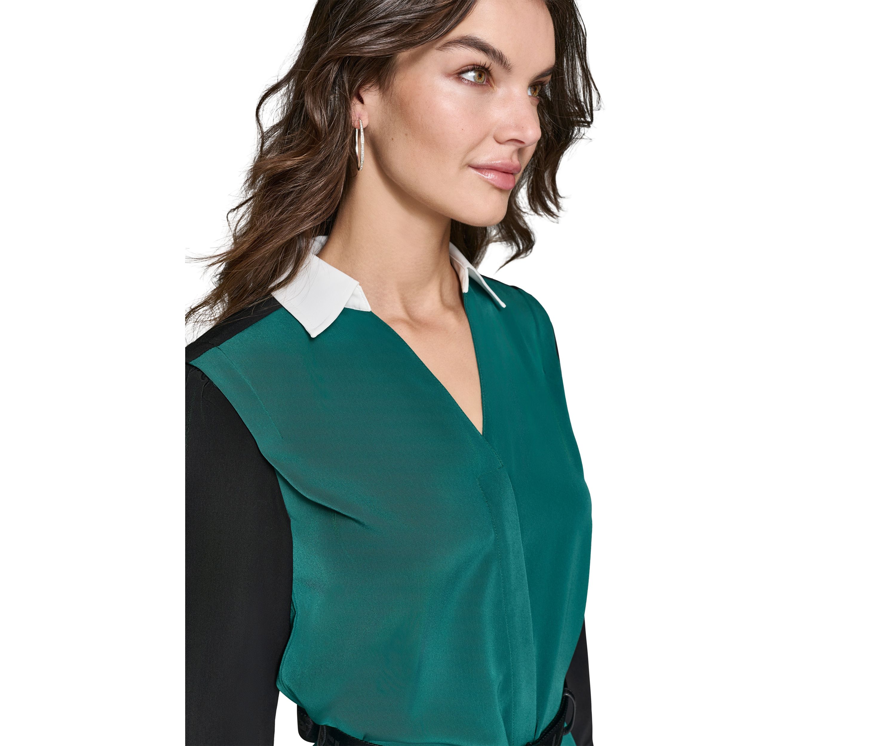Womens Long Sleeve Belted Color Block Dress