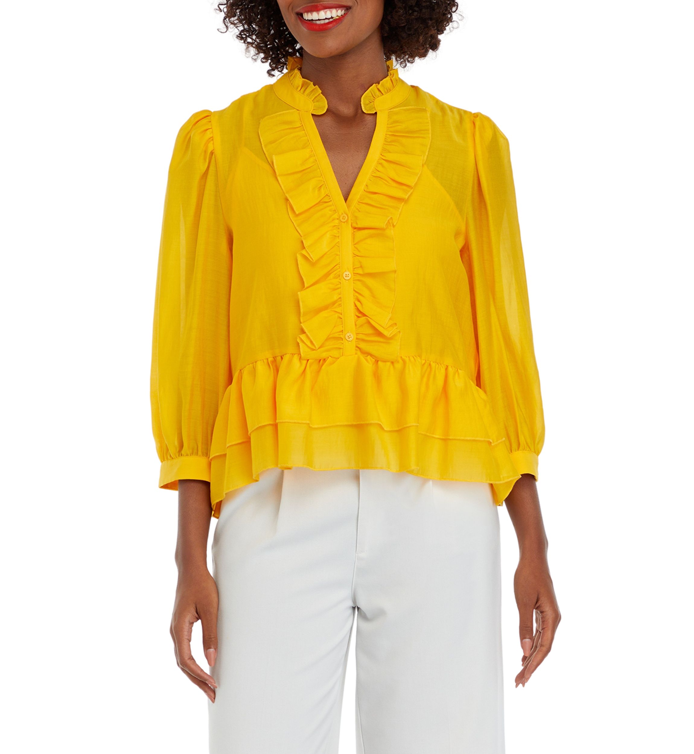 Womens 3/4 Sleeve Ruffle Peplum Blouse