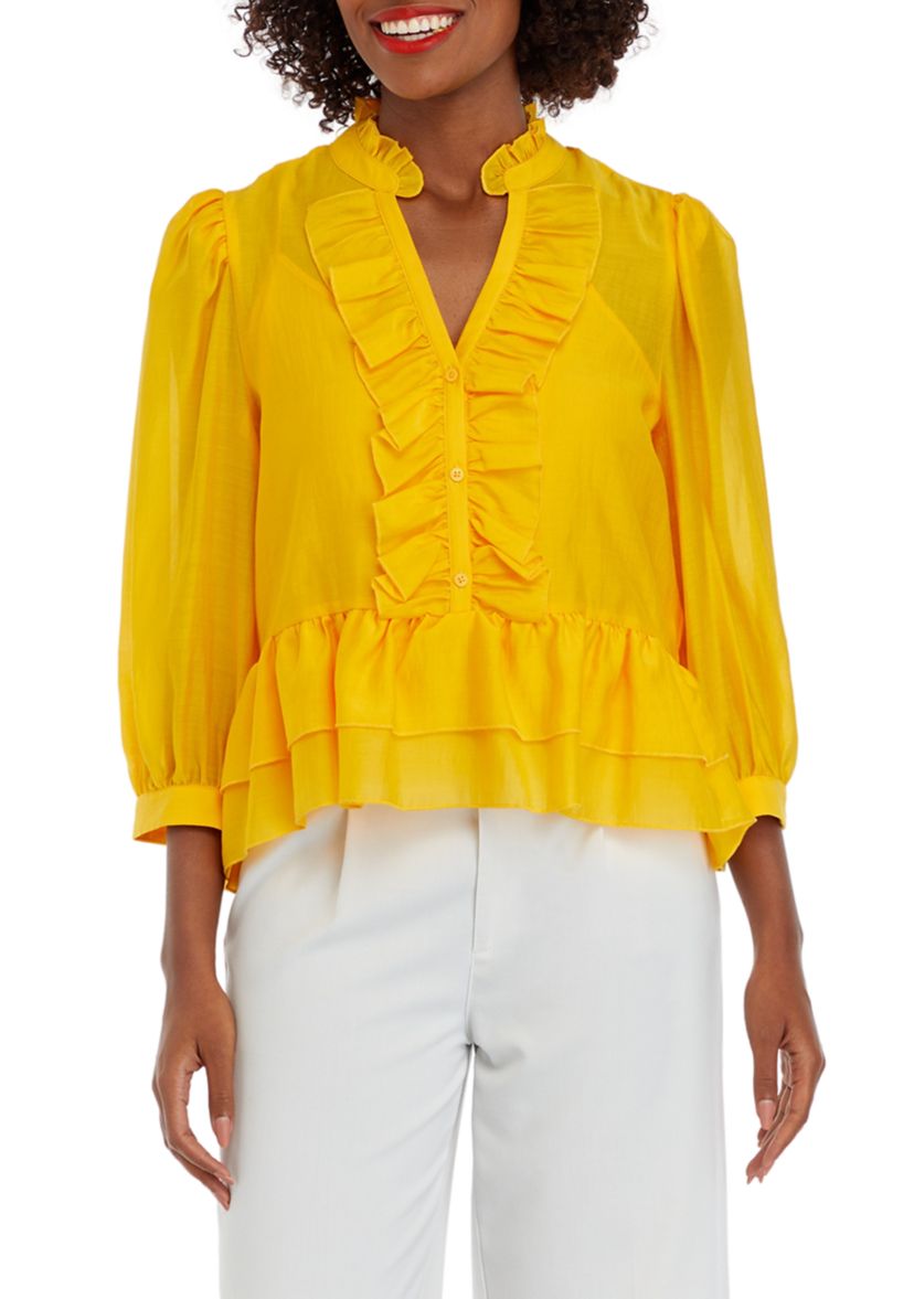 Womens 3/4 Sleeve Ruffle Peplum Blouse