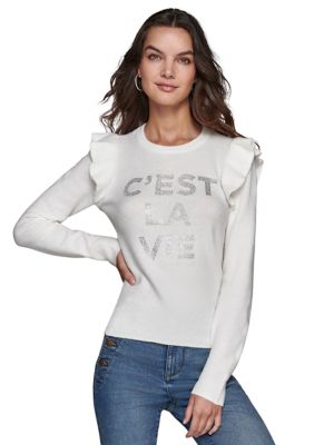 KARL LAGERFELD PARIS Women's C'est La Vie Ruffle Sweater, White, Small
