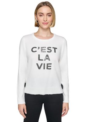 KARL LAGERFELD PARIS Women's C'est La Vie Sweater, White, XS