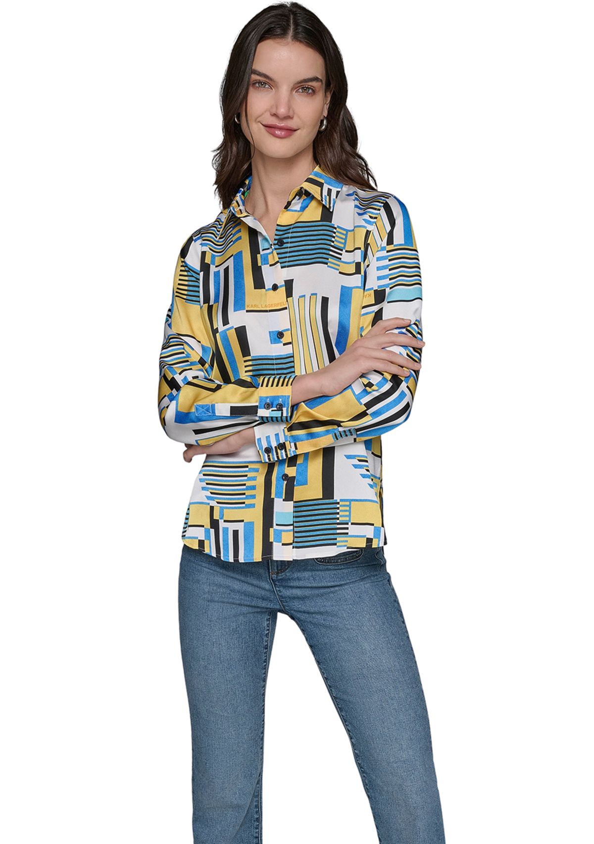 Womens Long Sleeve Geometric Print Shirt 