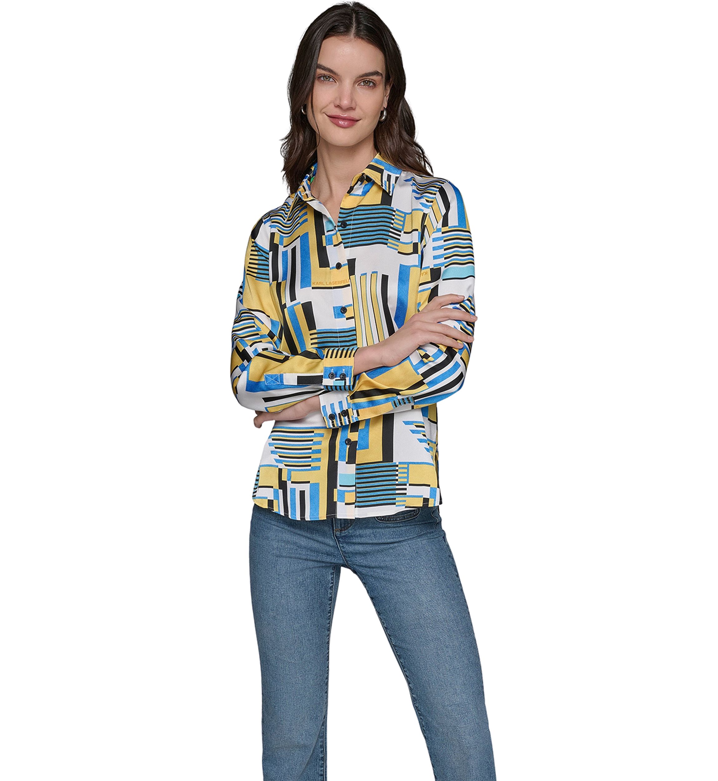 Womens Long Sleeve Geometric Print Shirt 