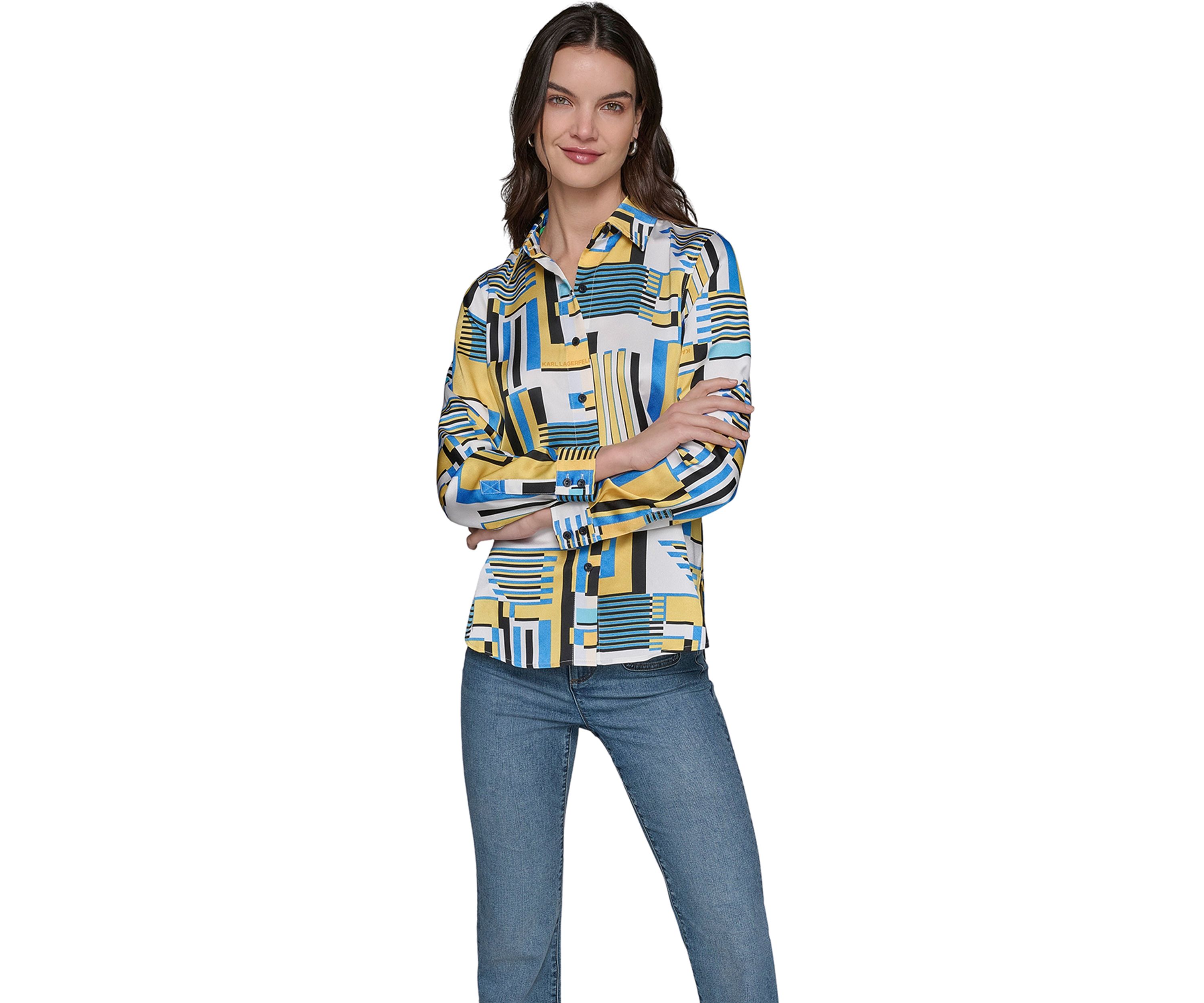 Womens Long Sleeve Geometric Print Shirt 