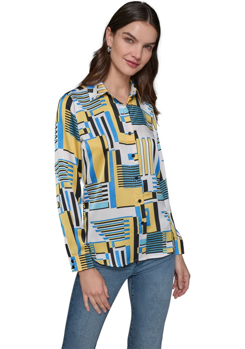 Womens Long Sleeve Geometric Print Shirt 